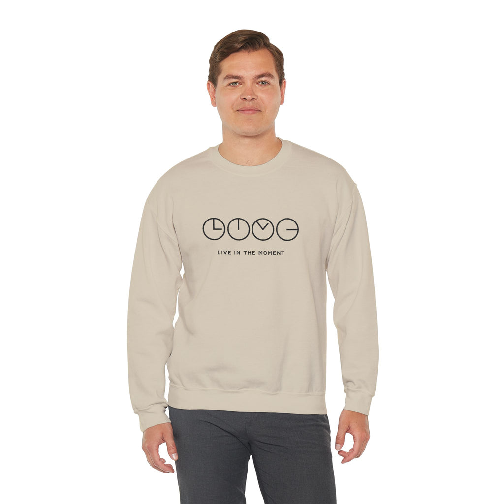 Live In The Moment Crewneck Sweatshirt — Minimal Clock Graphic Embroidered