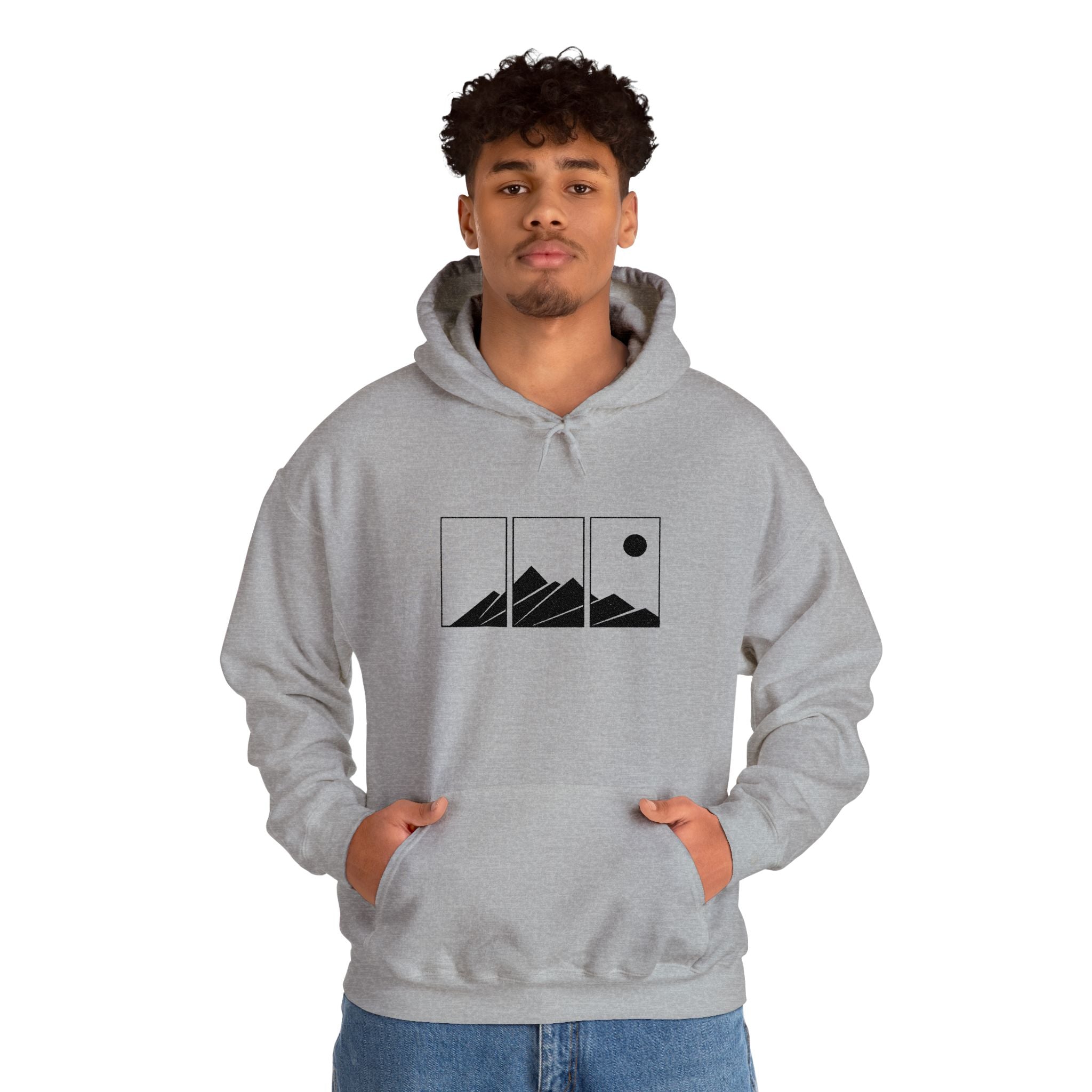 Mountain Triptych Hoodie — Minimalist Scenic Graphic Pullover Embroidered
