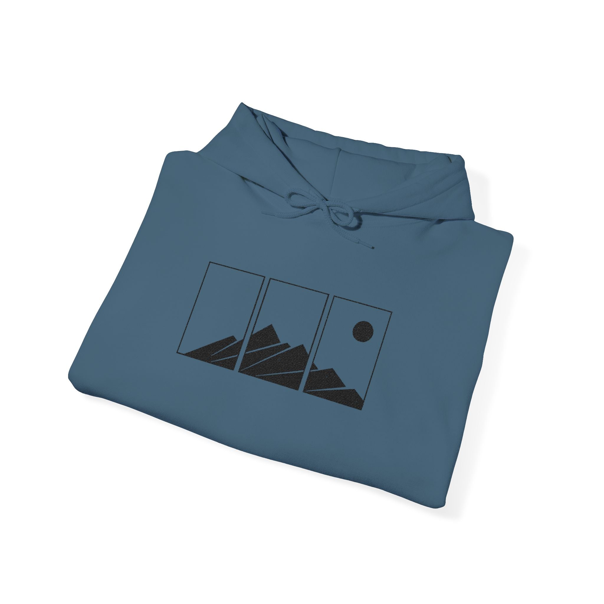 Mountain Triptych Hoodie — Minimalist Scenic Graphic Pullover Embroidered
