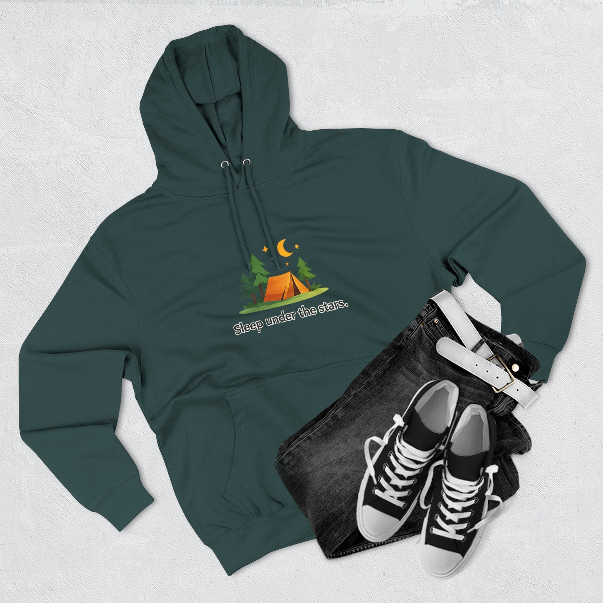 Camping Hoodie — "Sleep Under the Stars" Tent & Moon Graphic