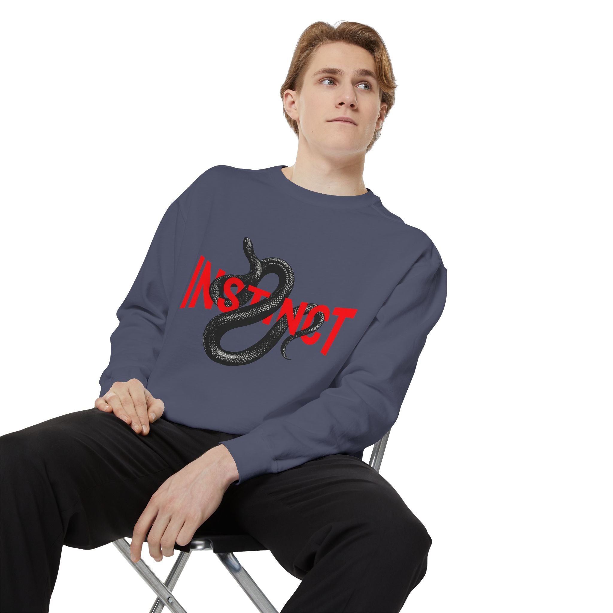 Instinct Snake Sweatshirt — Graphic Crewneck with Bold Red Text