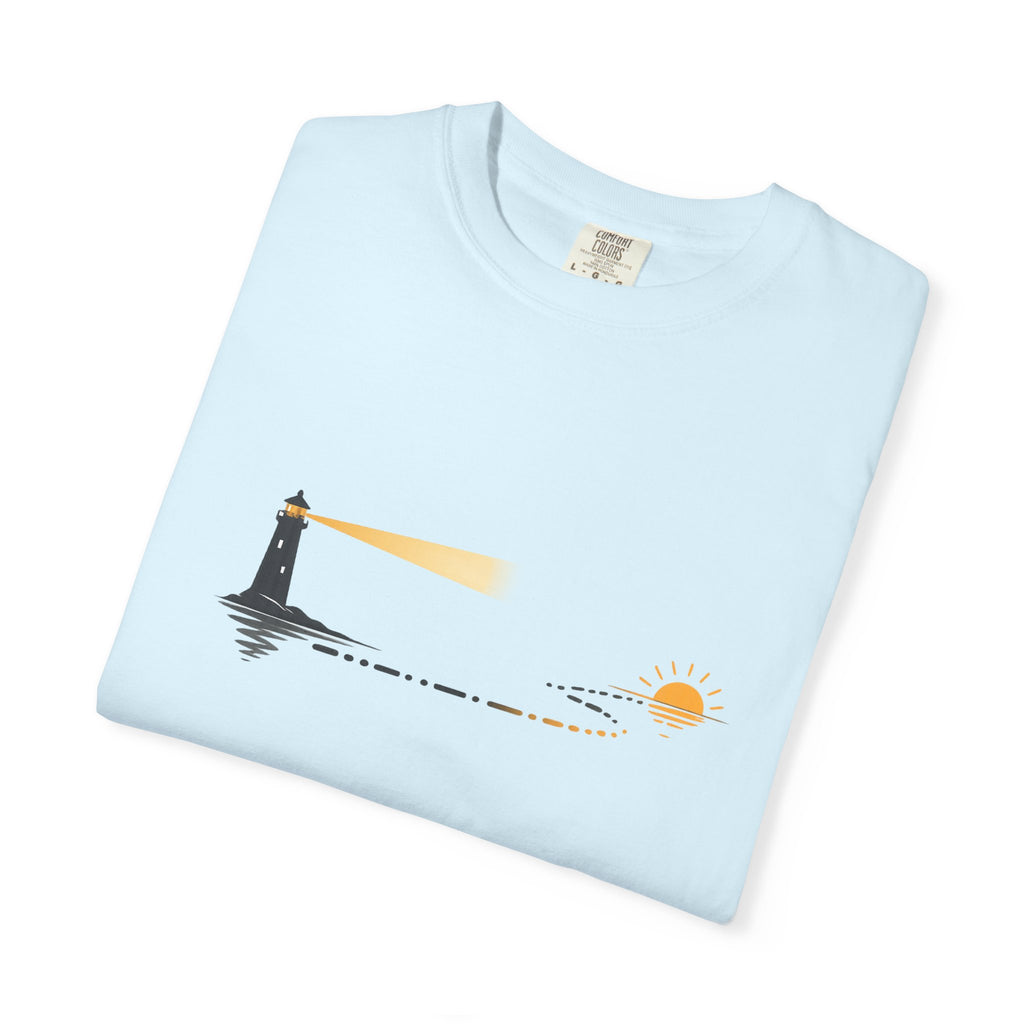 Lighthouse Sunset T-Shirt — Nautical Coastal Tee with Beacon Graphic