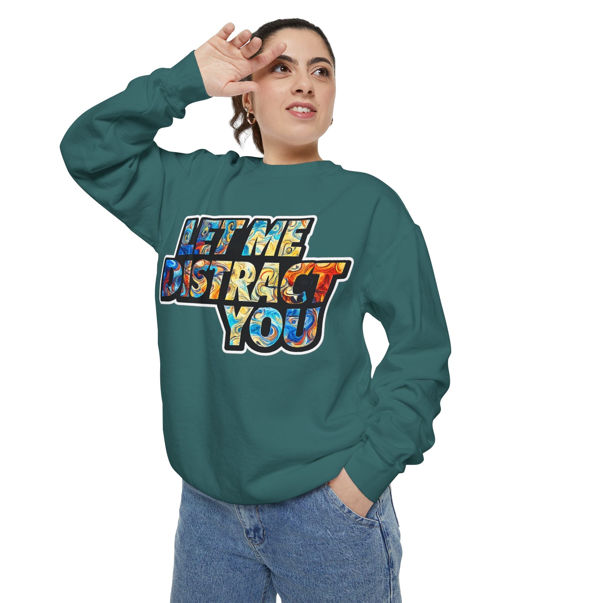 Let Me Distract You Sweatshirt — Colorful Retro Graphic Crewneck