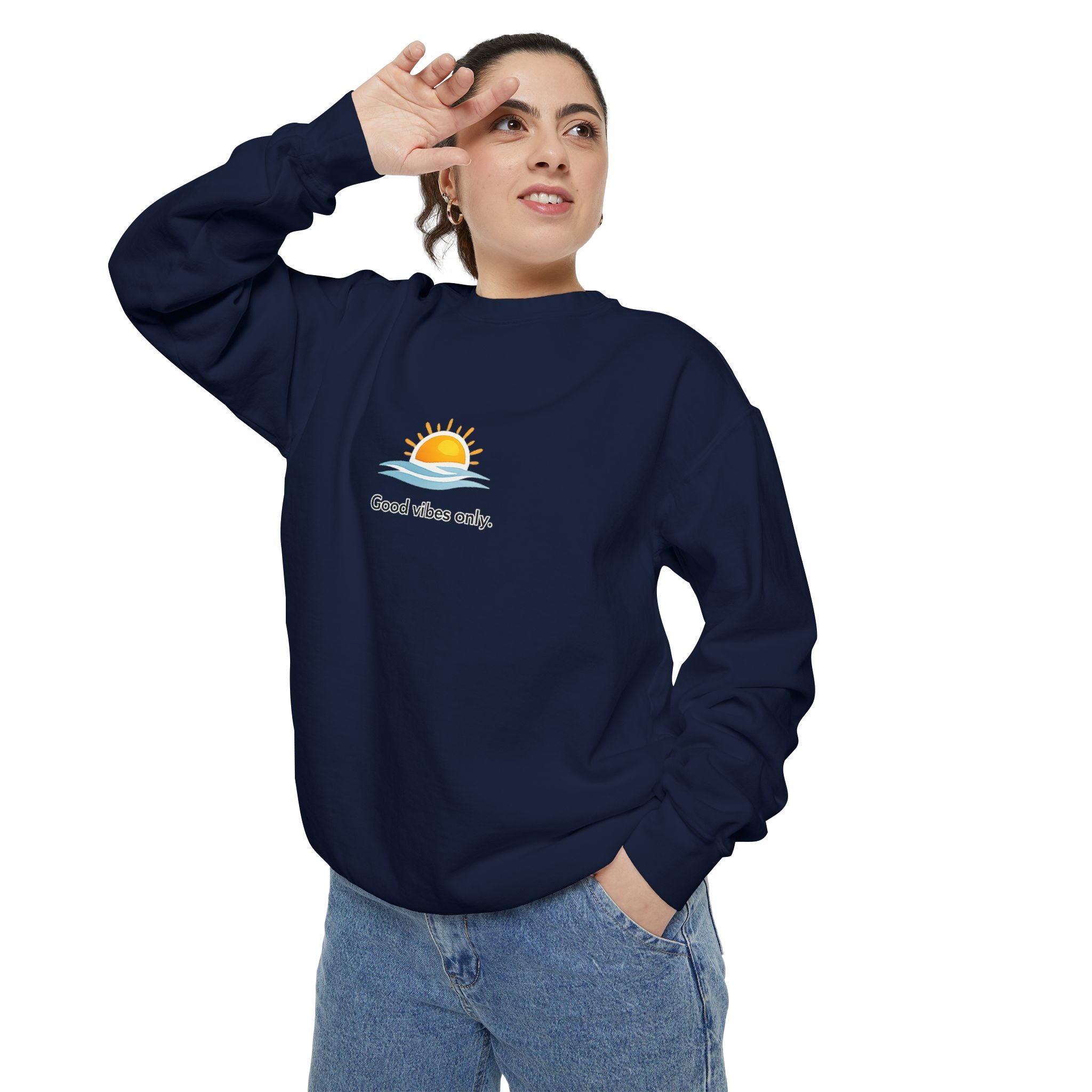 Good Vibes Only Sweatshirt — Sunrise Graphic Cozy Pullover