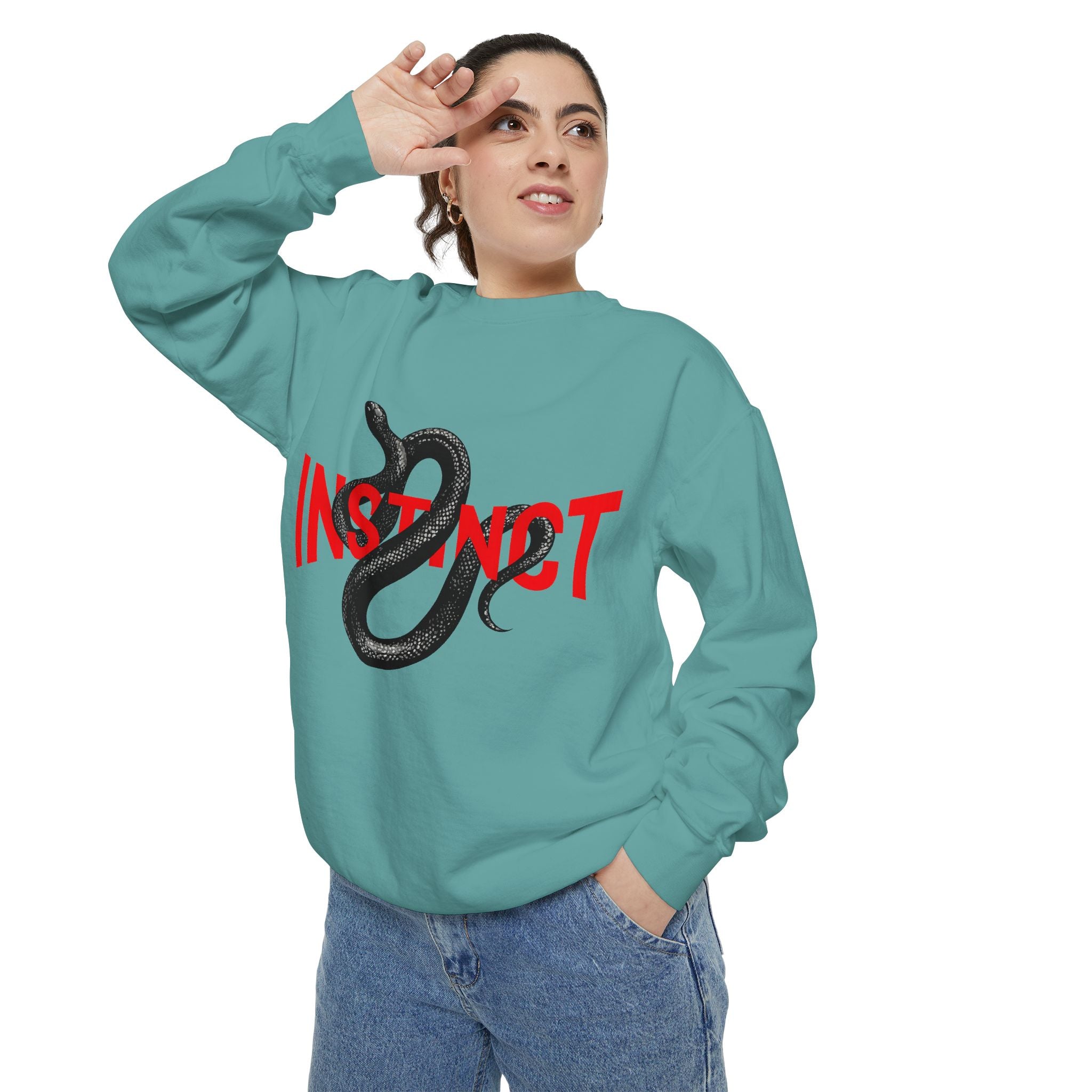 Instinct Snake Sweatshirt — Graphic Crewneck with Bold Red Text