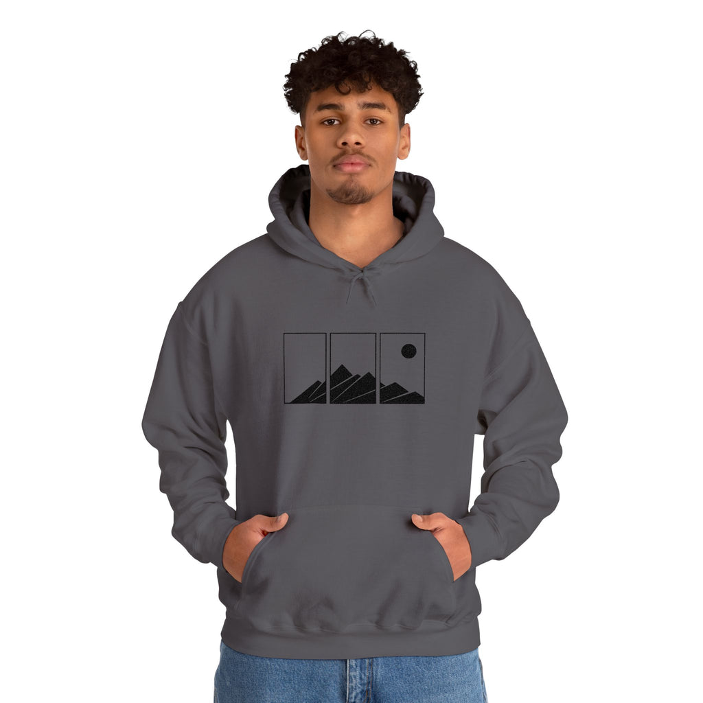 Mountain Triptych Hoodie — Minimalist Scenic Graphic Pullover Embroidered