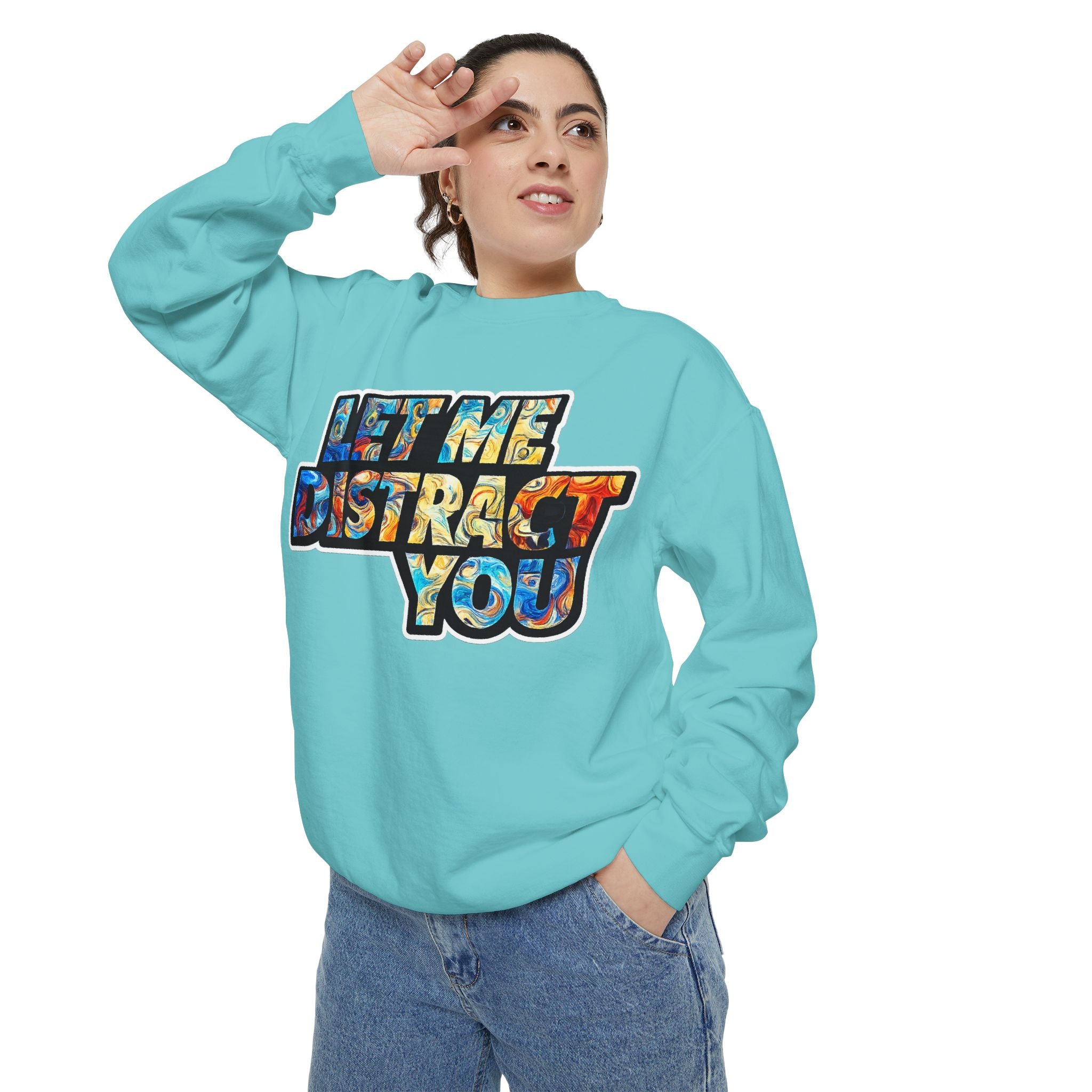 Let Me Distract You Sweatshirt — Colorful Retro Graphic Crewneck