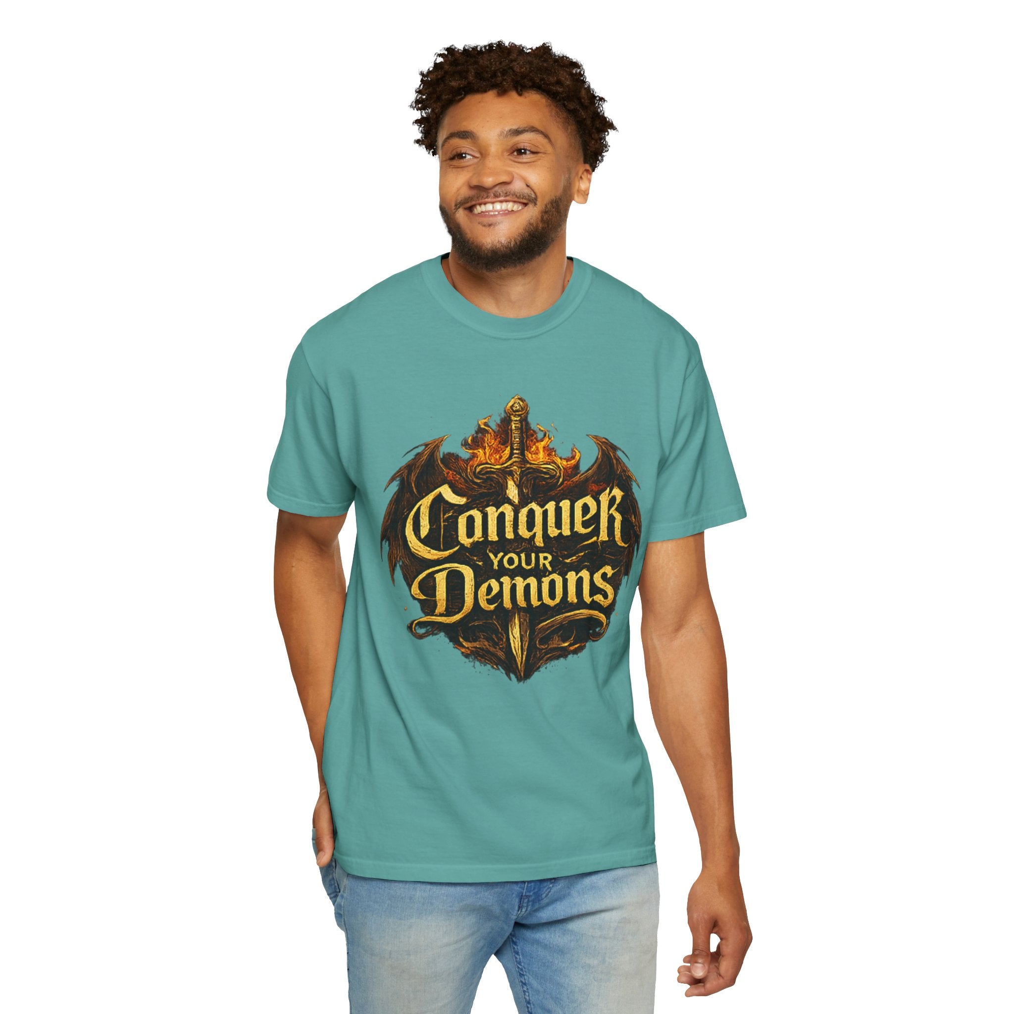 Conquer Your Demons T-Shirt — Gothic Sword & Flames Motivational Tee