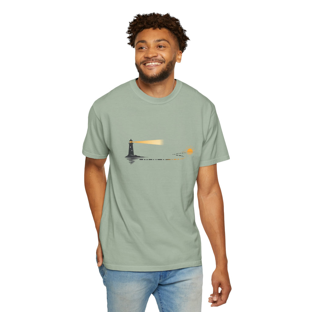 Lighthouse Sunset T-Shirt — Nautical Coastal Tee with Beacon Graphic
