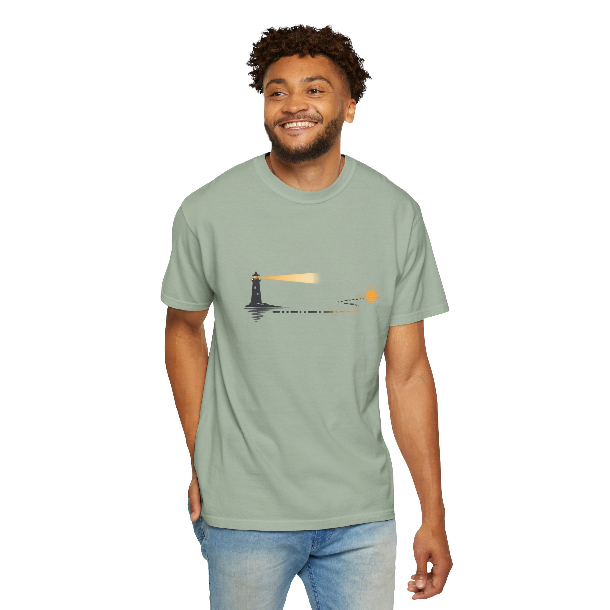 Lighthouse Sunset T-Shirt — Nautical Coastal Tee with Beacon Graphic
