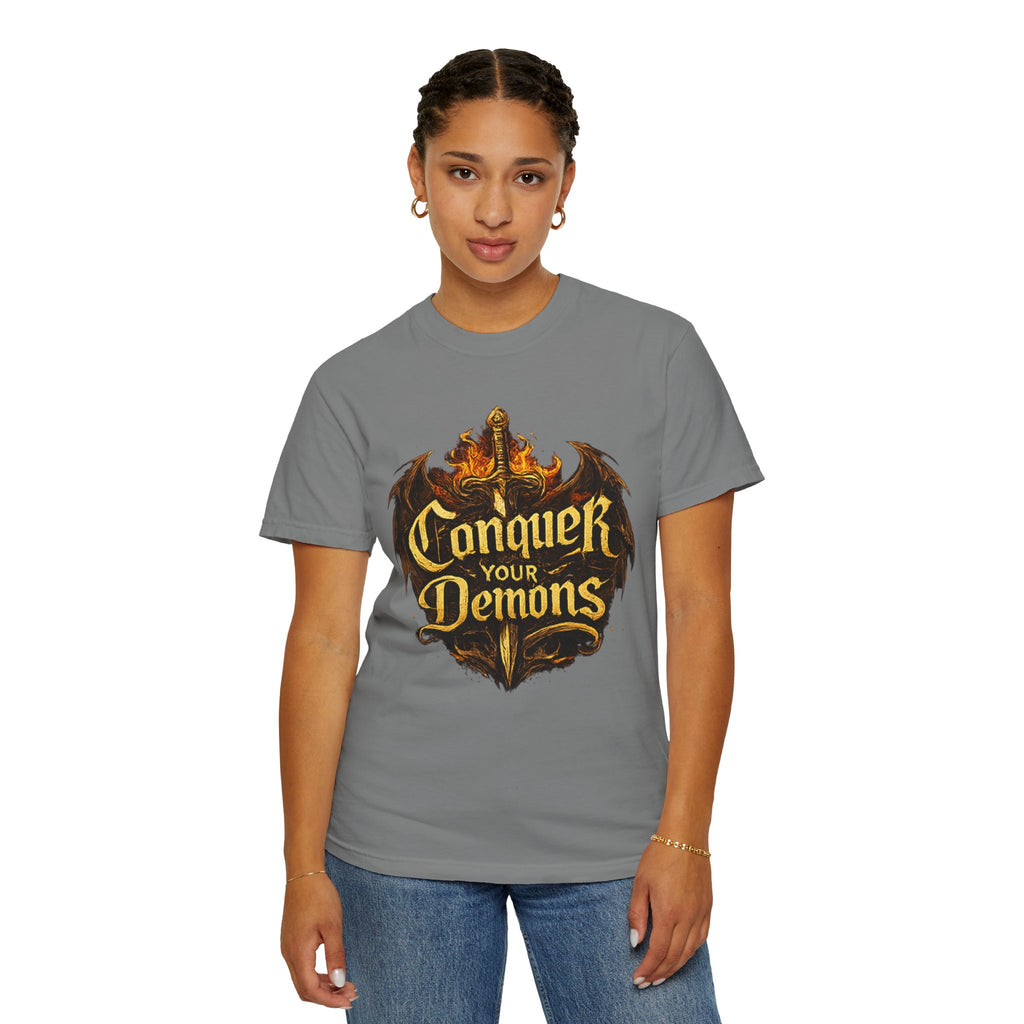 Conquer Your Demons T-Shirt — Gothic Sword & Flames Motivational Tee
