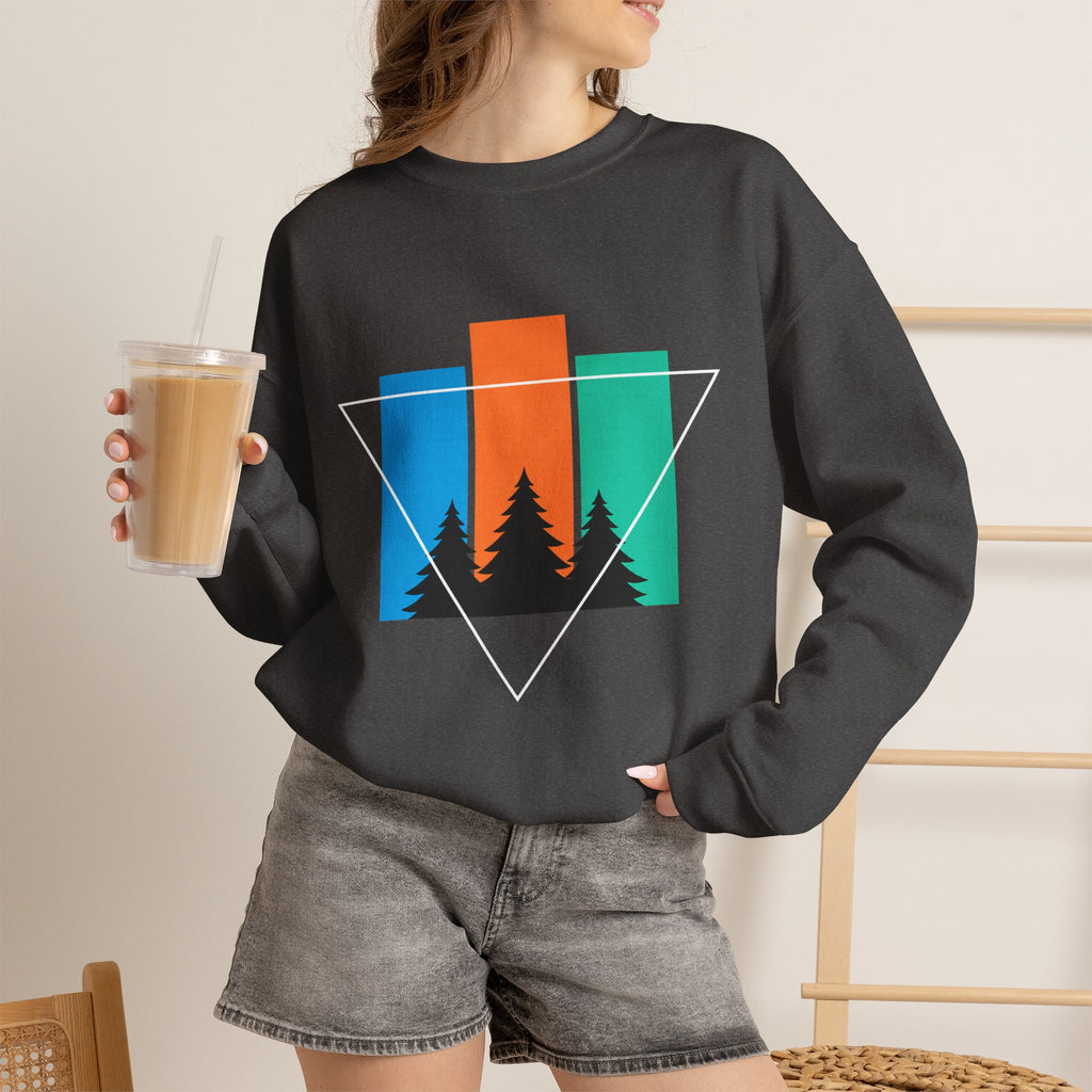 Retro Forest Crewneck Sweatshirt — Colorblock Trees Graphic