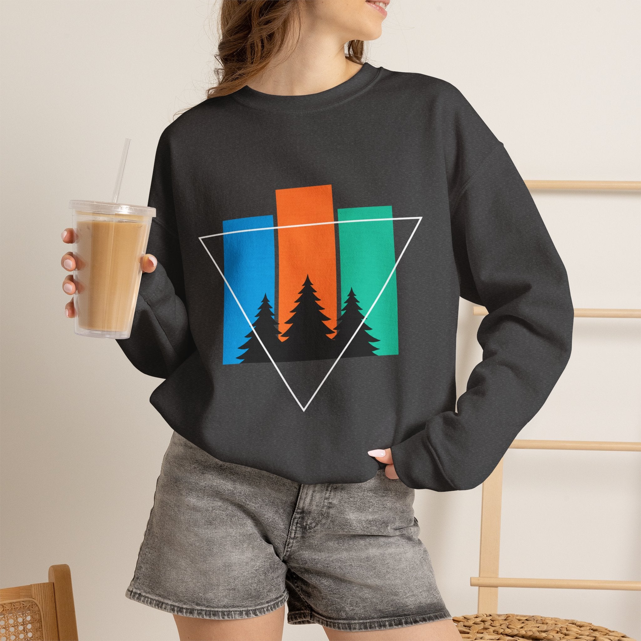 Retro Forest Crewneck Sweatshirt — Colorblock Trees Graphic