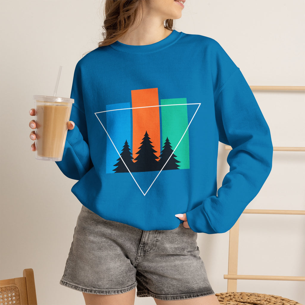 Retro Forest Crewneck Sweatshirt — Colorblock Trees Graphic