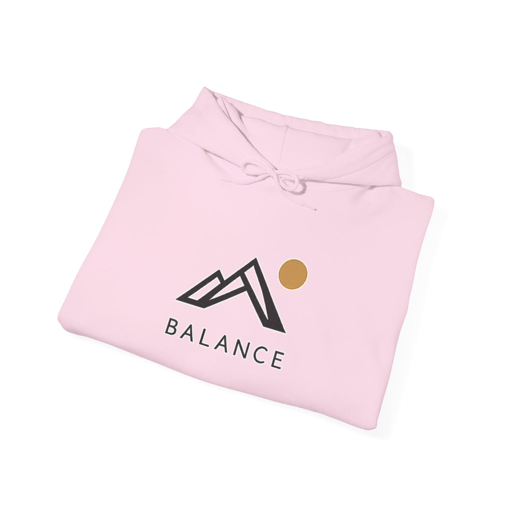 Balance Mountain Hoodie — Minimalist Sunrise Graphic Hooded Sweatshirt