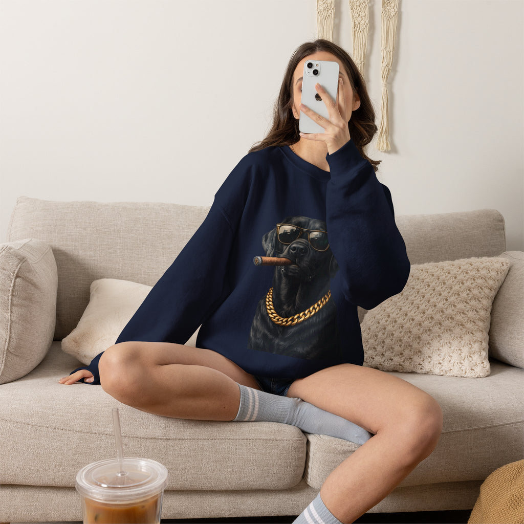 Cool Black Lab Crewneck Sweatshirt — Dog with Cigar & Gold Chain Graphic