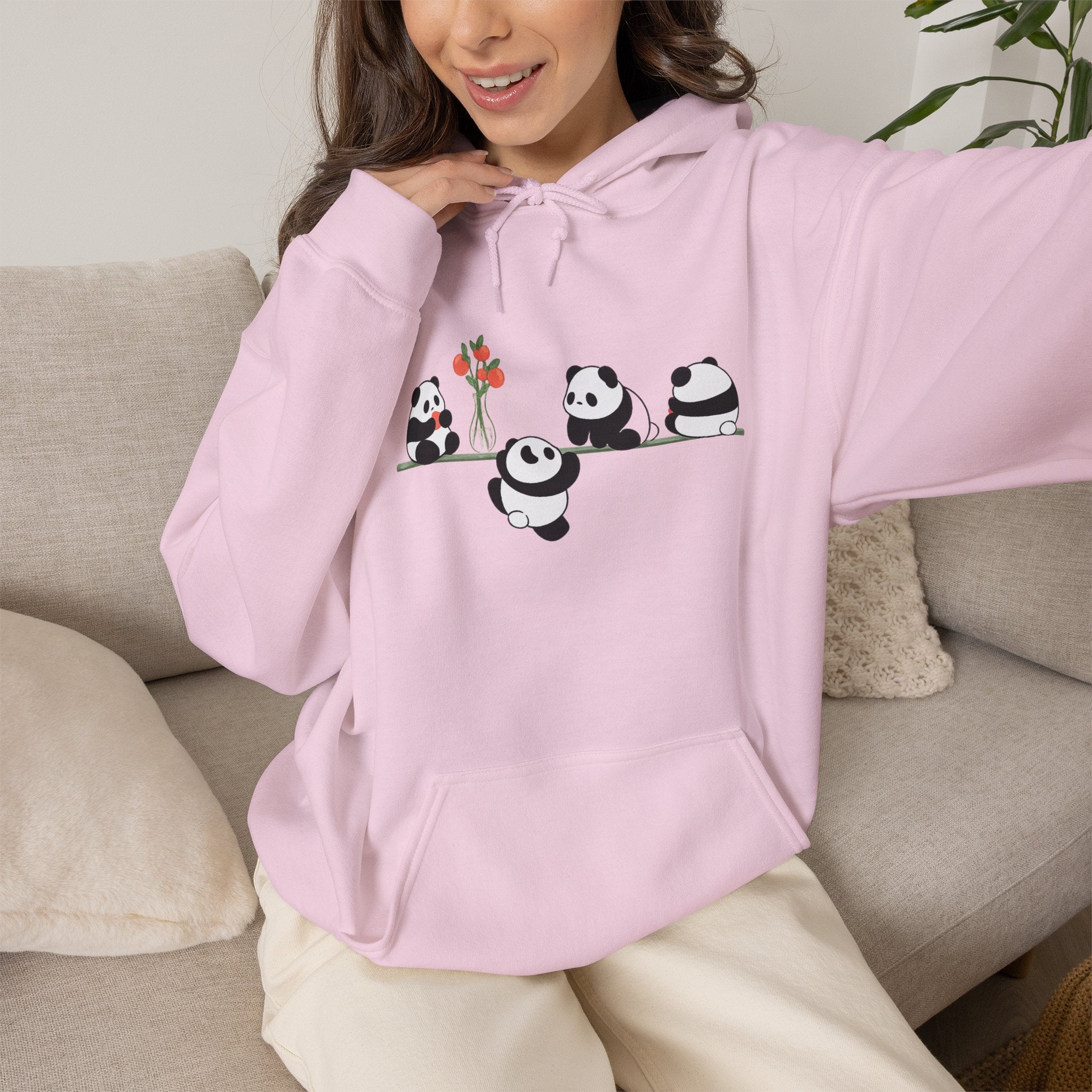 Pandas on a Line Hoodie — Cute Cartoon Pandas Holding Flower Pullover