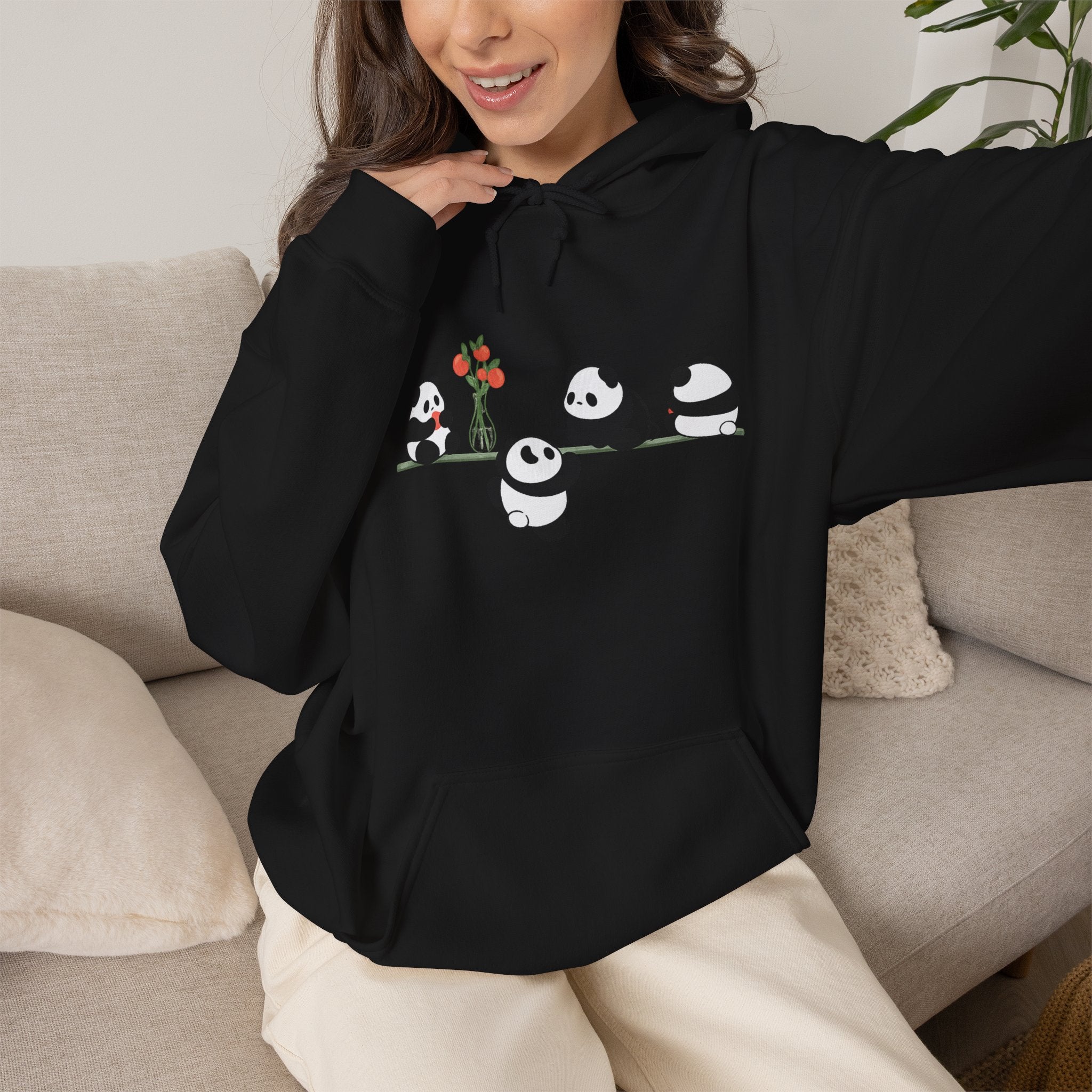 Pandas on a Line Hoodie — Cute Cartoon Pandas Holding Flower Pullover