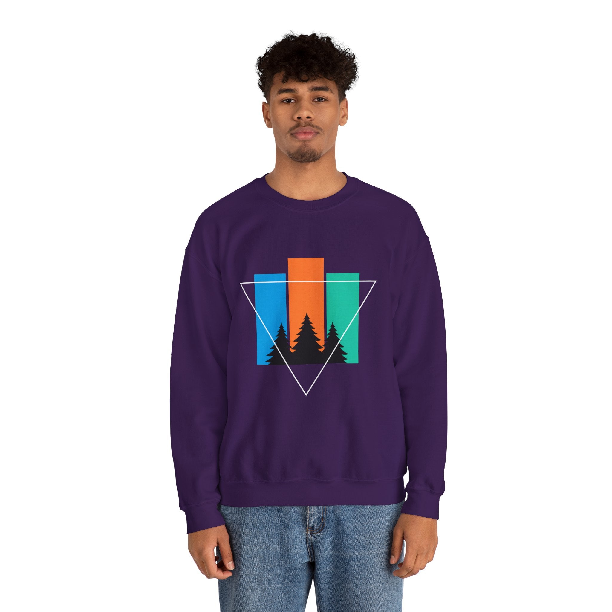 Retro Forest Crewneck Sweatshirt — Colorblock Trees Graphic
