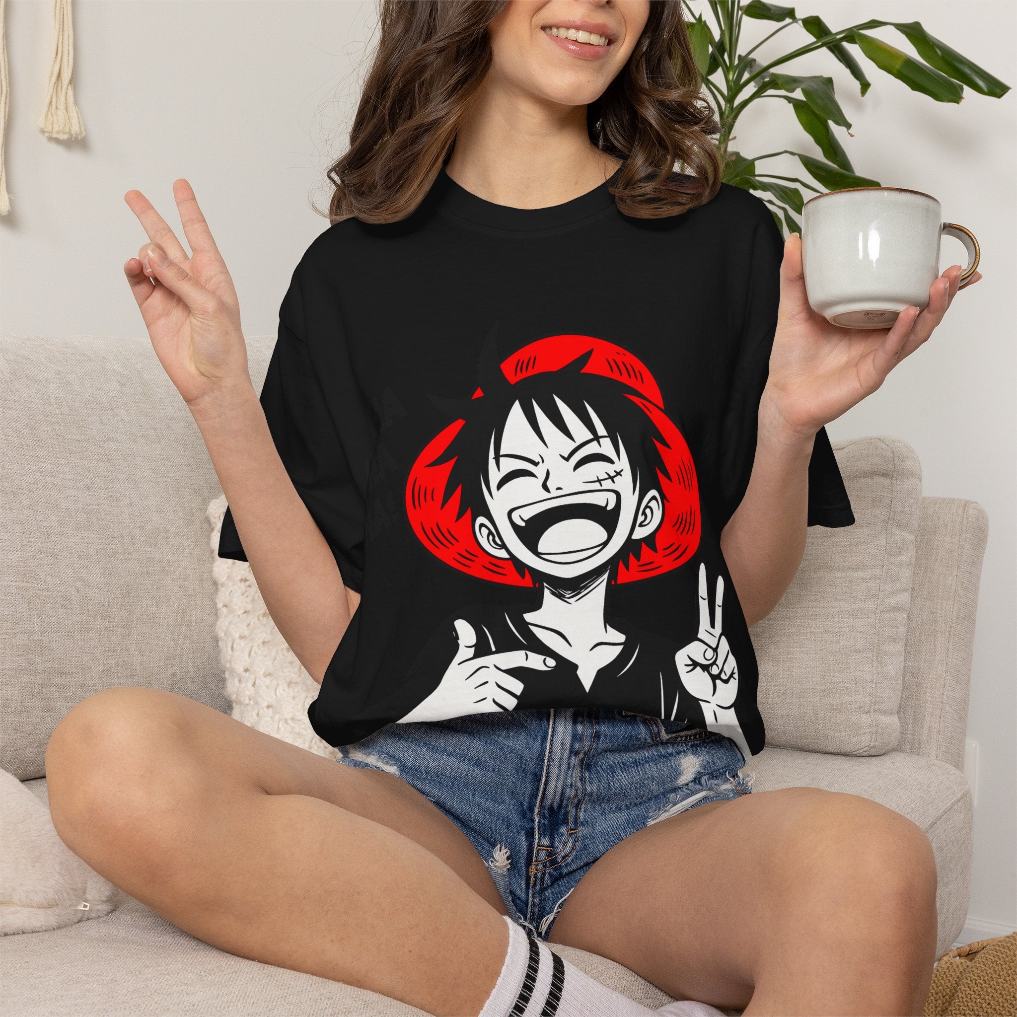 Anime Luffy Laughing Graphic T-shirt - Monkey D. Luffy Peace Sign Tee