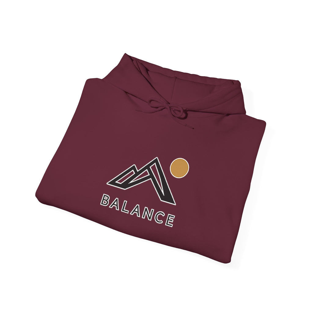 Balance Mountain Hoodie — Minimalist Sunrise Graphic Hooded Sweatshirt
