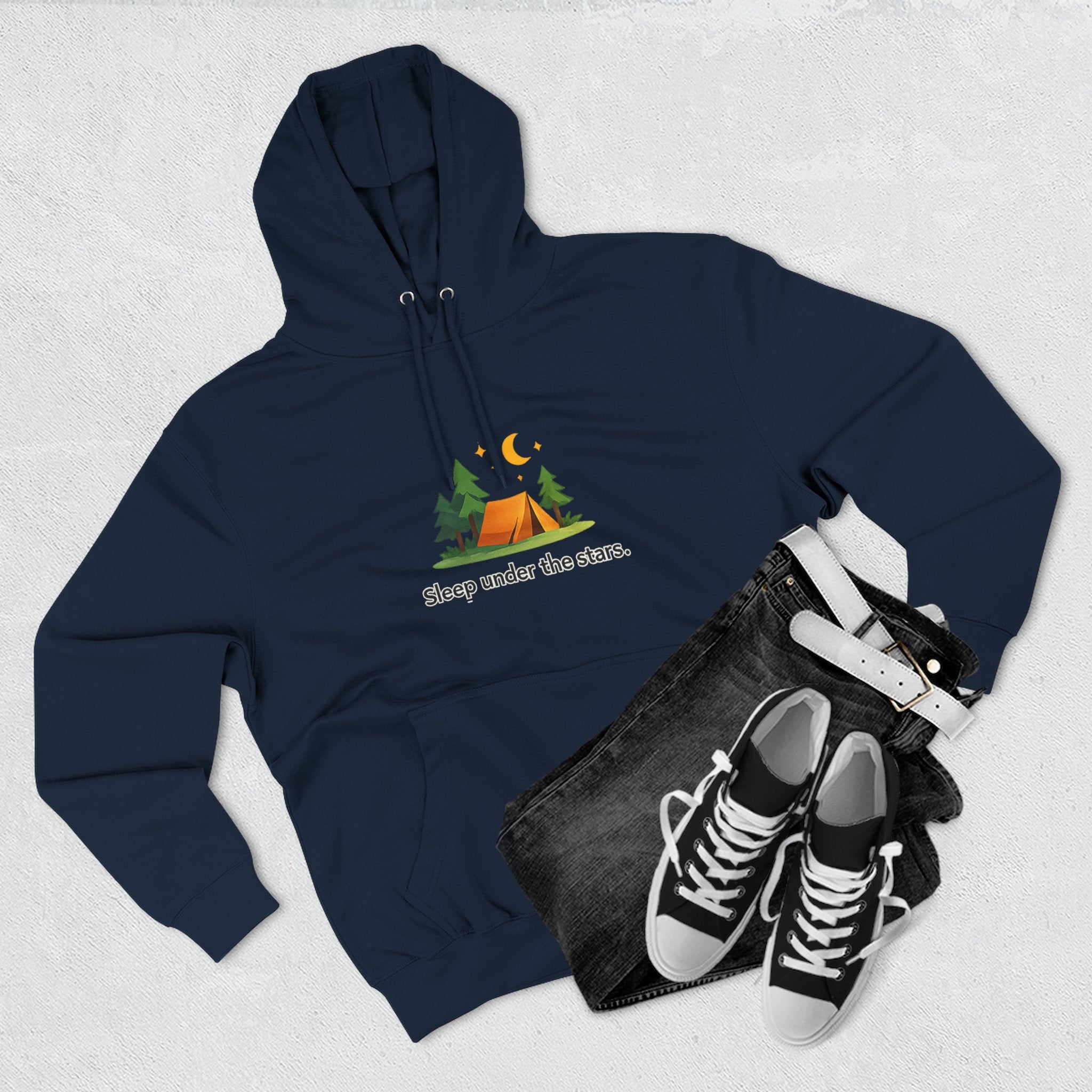 Camping Hoodie — "Sleep Under the Stars" Tent & Moon Graphic
