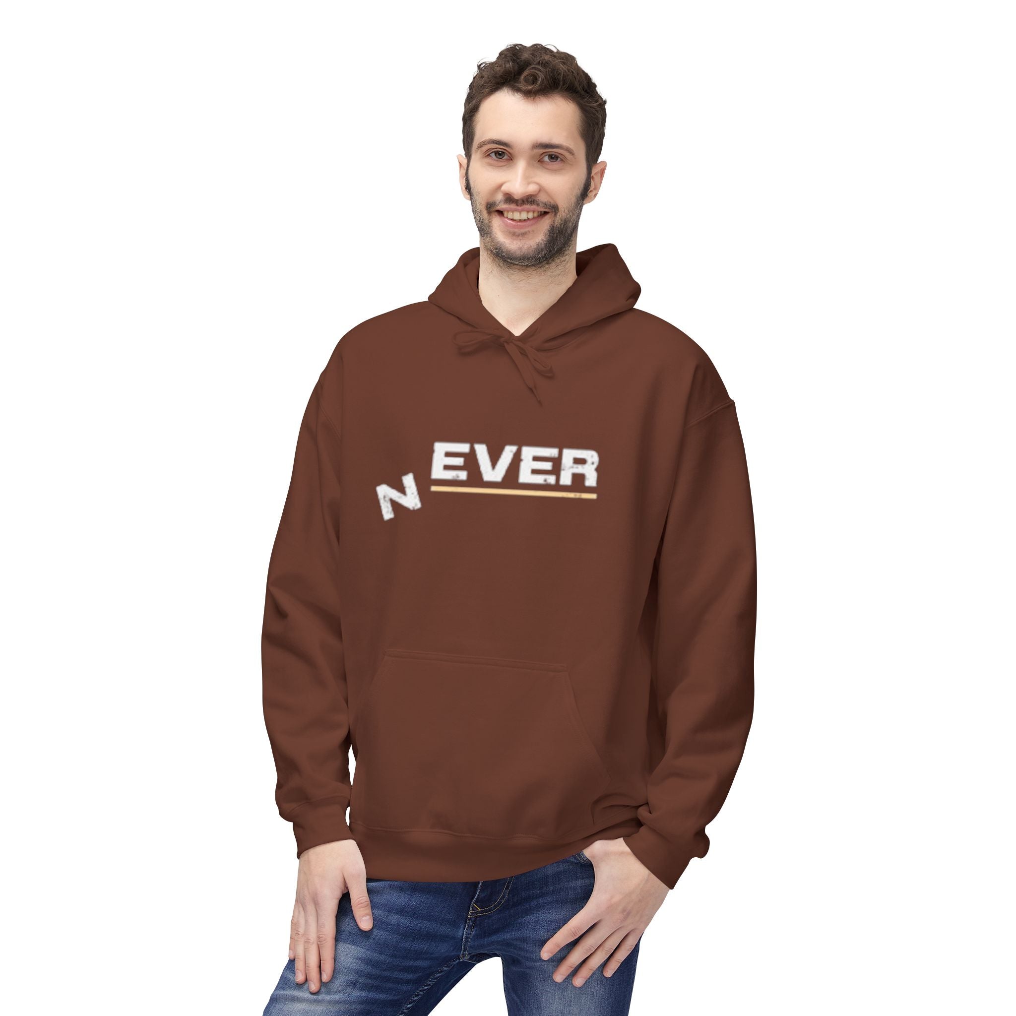 Never Typography Hoodie — Brown Casual Graphic Pullover