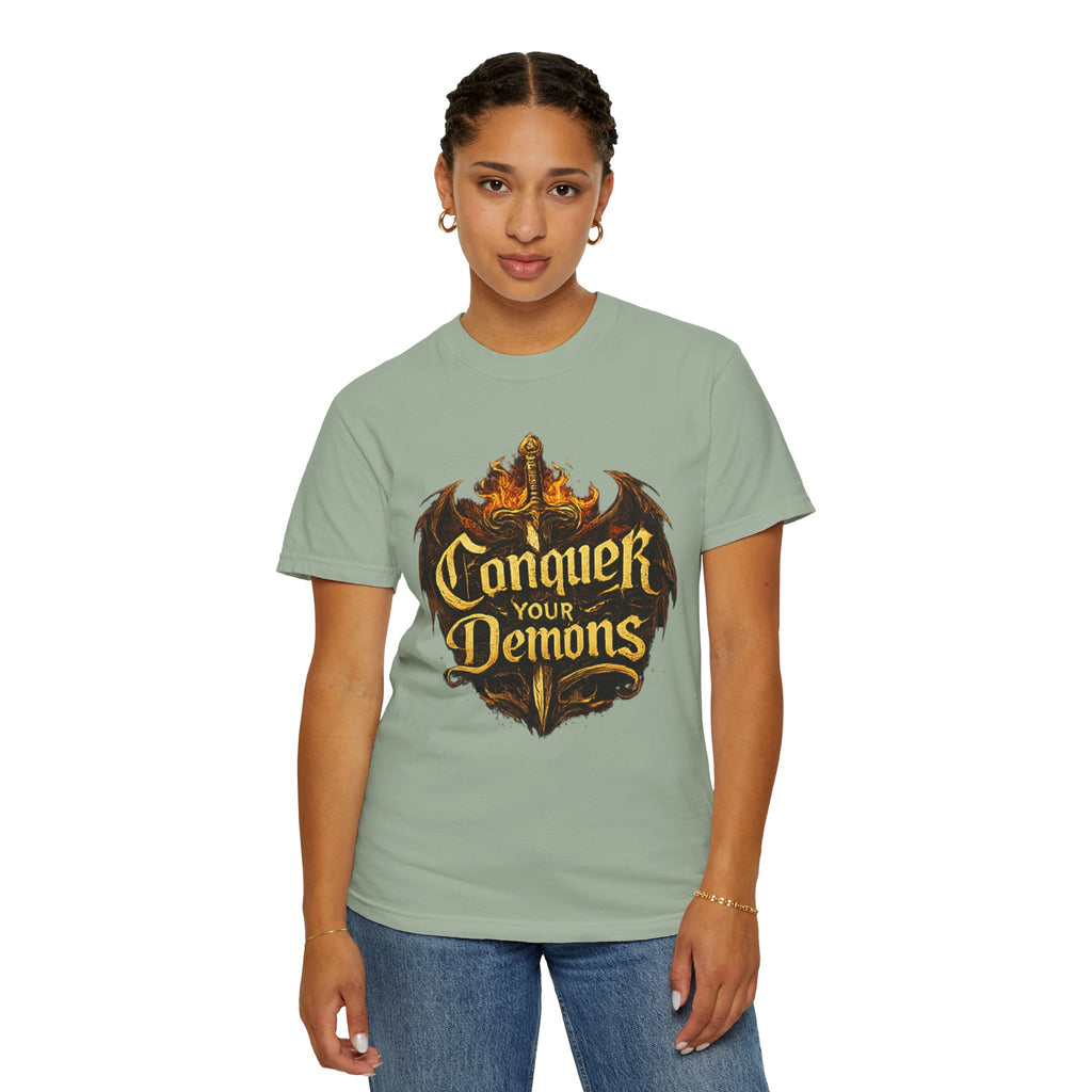 Conquer Your Demons T-Shirt — Gothic Sword & Flames Motivational Tee
