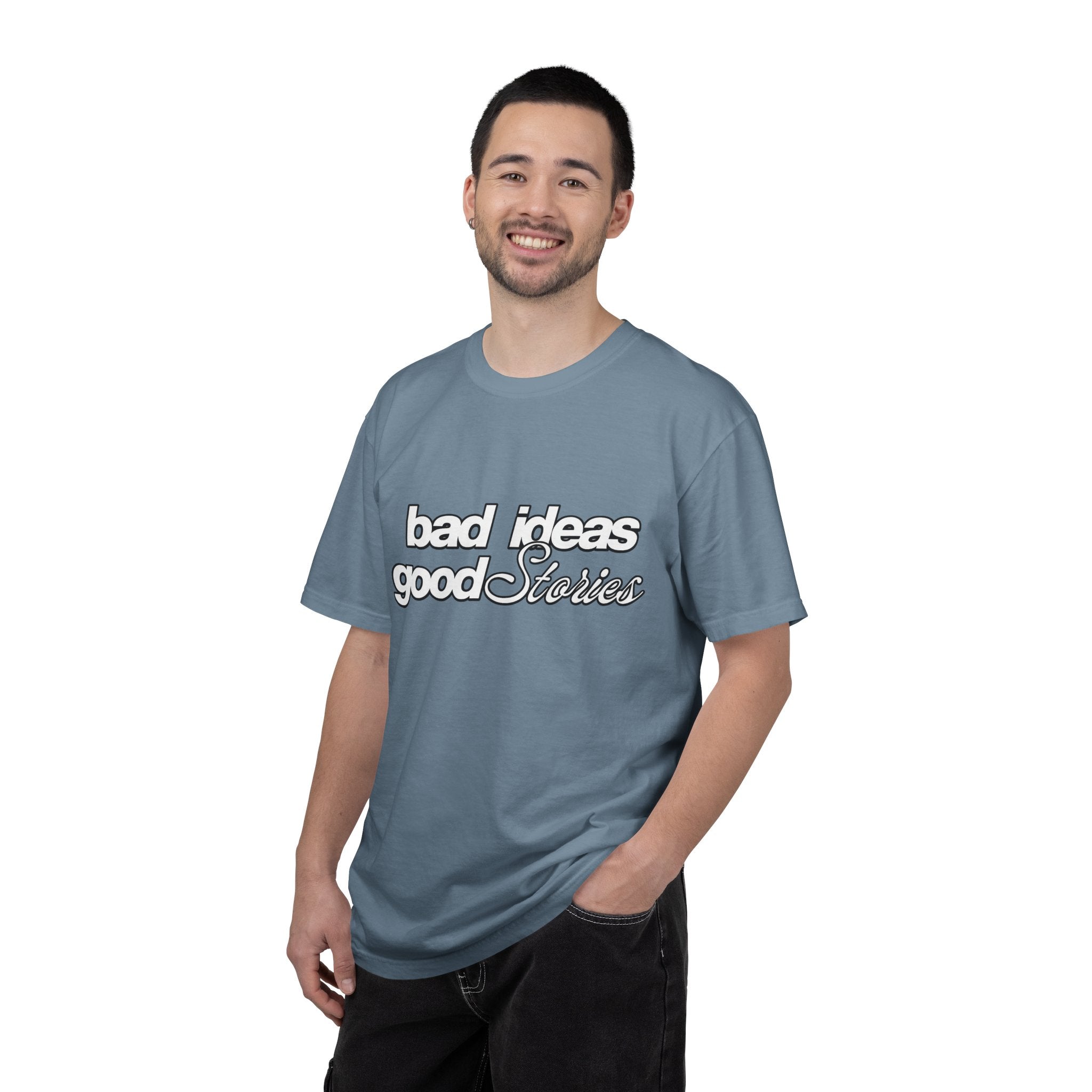 T-Shirt — “bad ideas good stories” Retro Script Tee