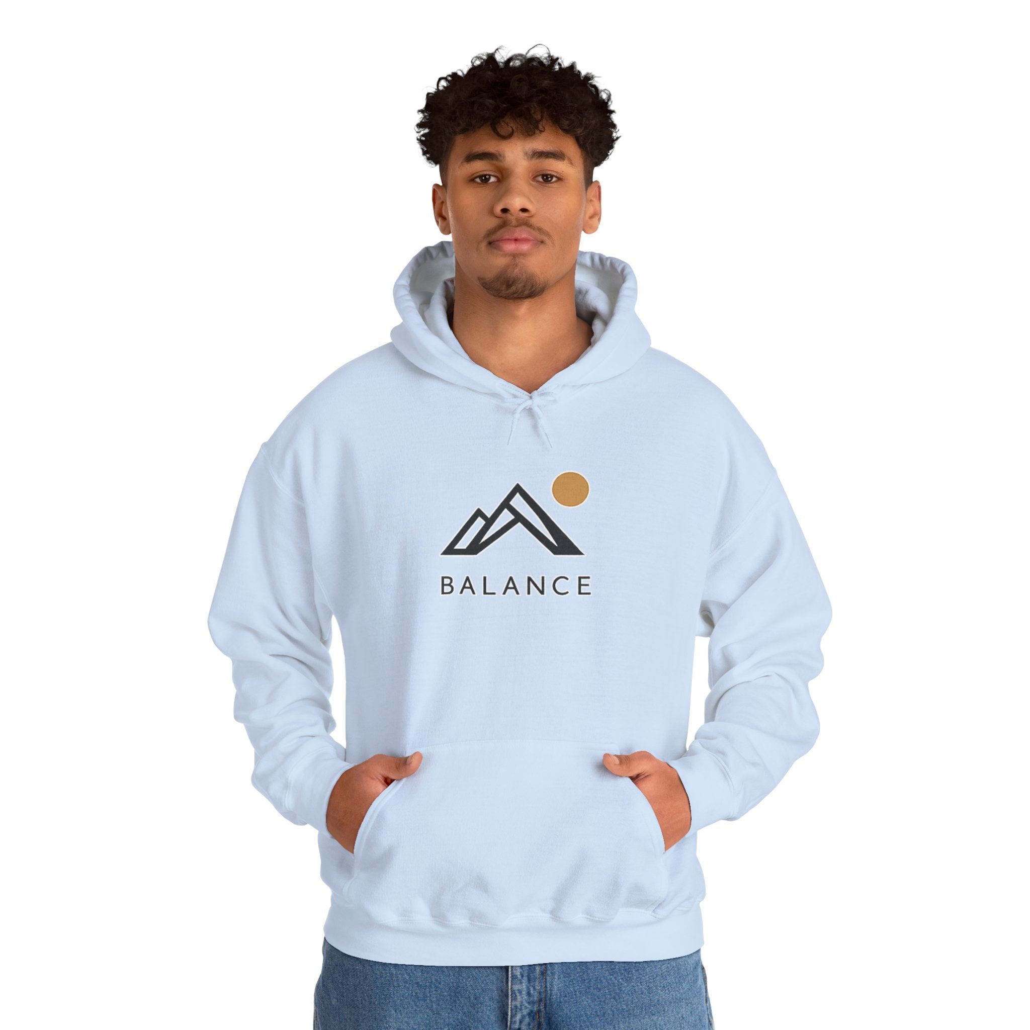 Balance Mountain Hoodie — Minimalist Sunrise Graphic Hooded Sweatshirt