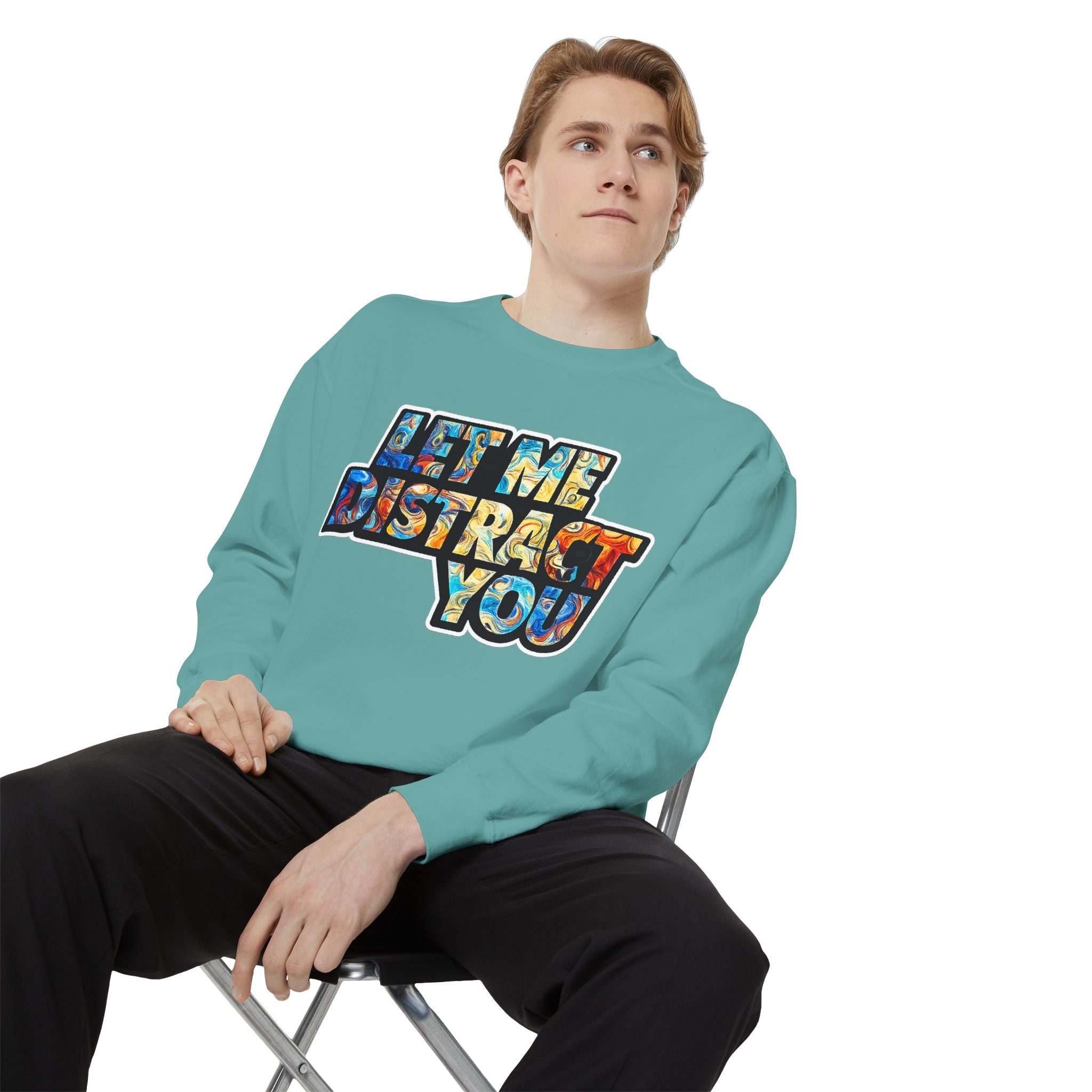 Let Me Distract You Sweatshirt — Colorful Retro Graphic Crewneck