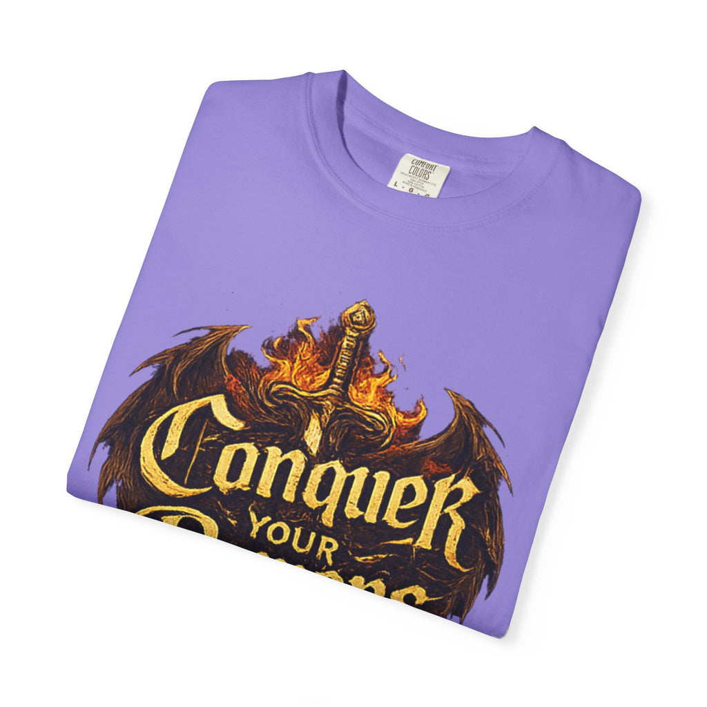 Conquer Your Demons T-Shirt — Gothic Sword & Flames Motivational Tee