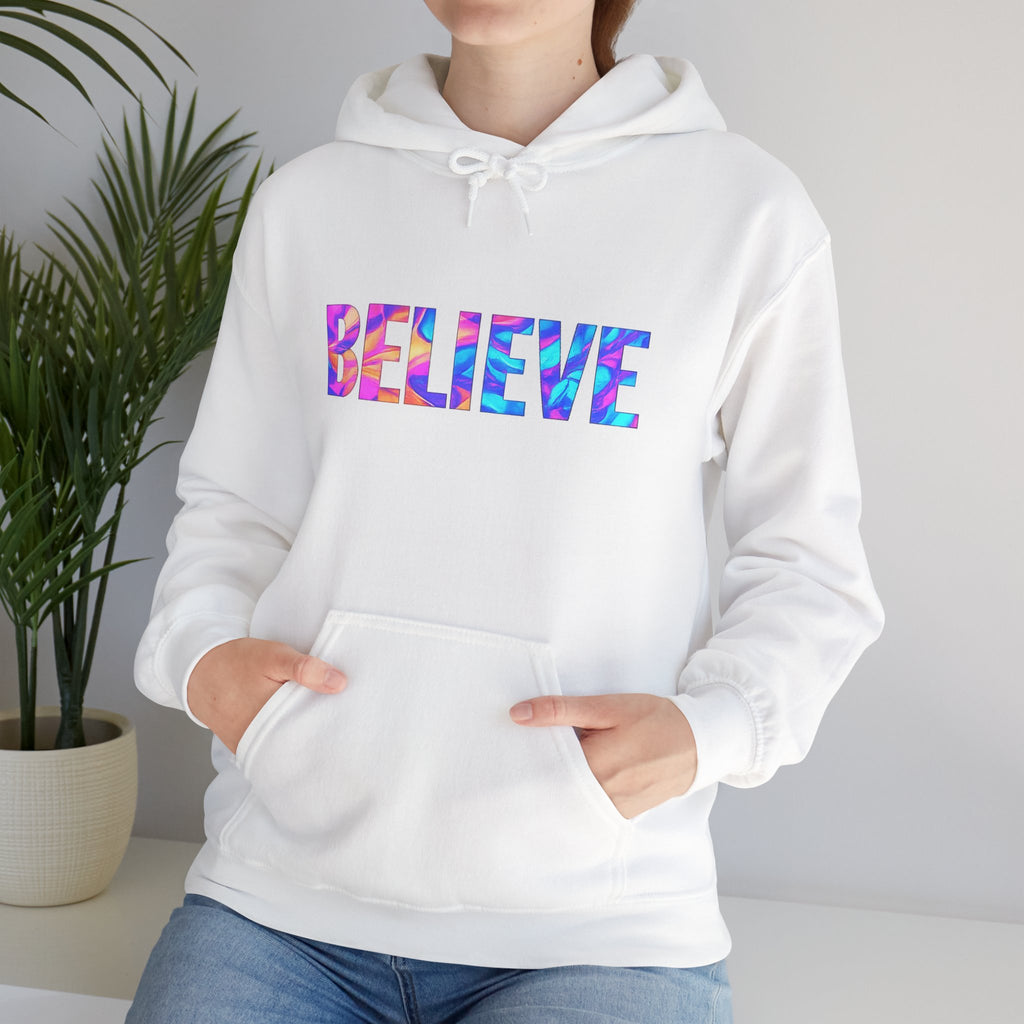 Believe in Yourself Hoodie — Colorful Watercolor Text Inspirational Sweatshirt