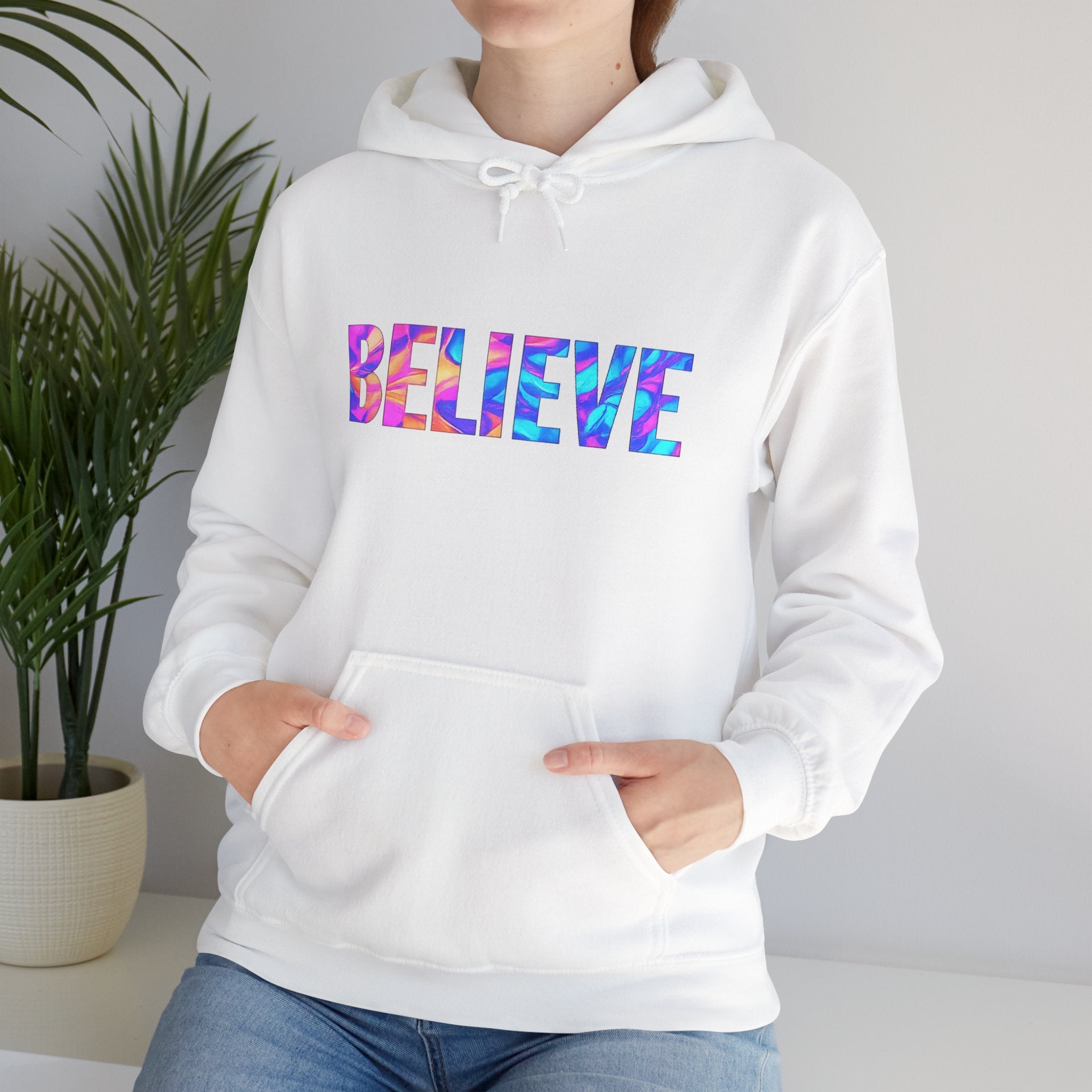 Believe in Yourself Hoodie — Colorful Watercolor Text Inspirational Sweatshirt