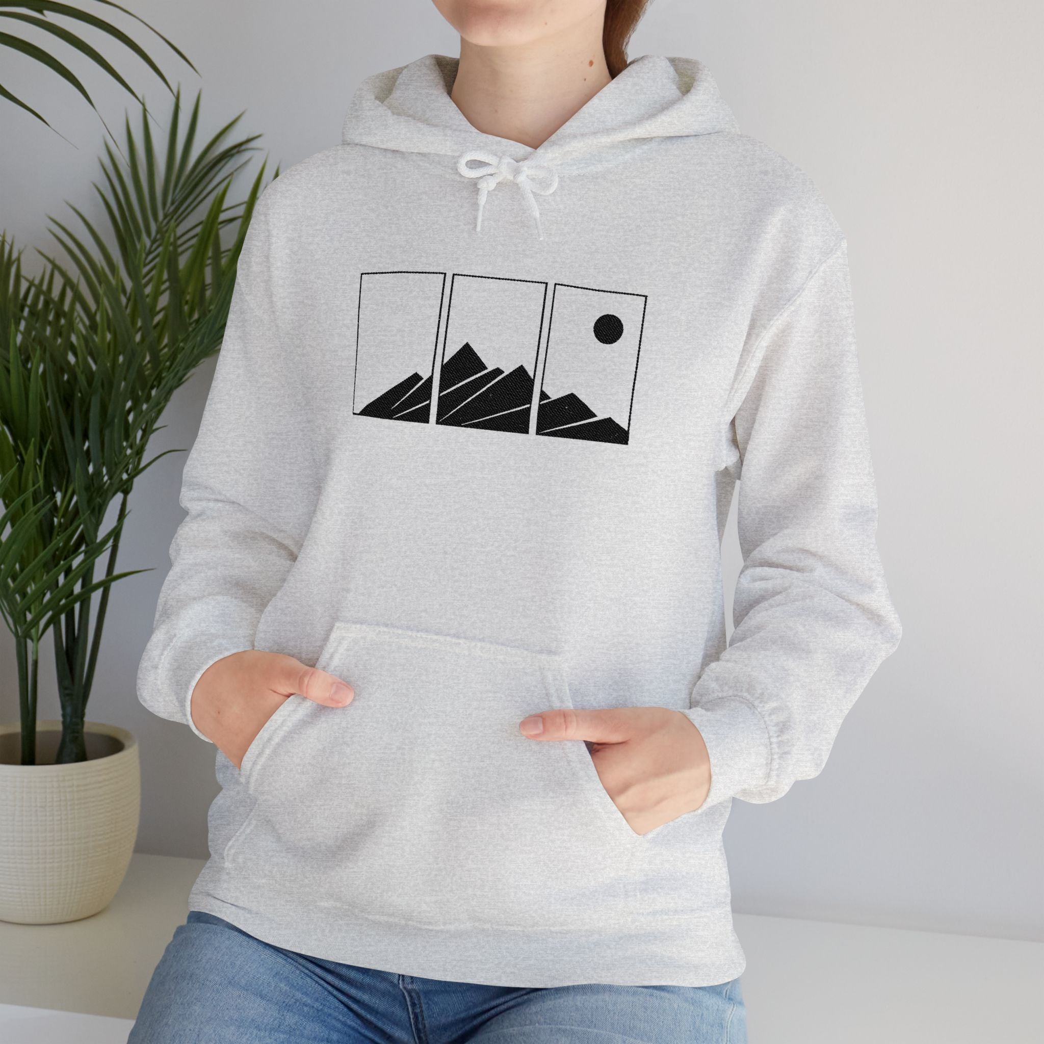 Mountain Triptych Hoodie — Minimalist Scenic Graphic Pullover Embroidered
