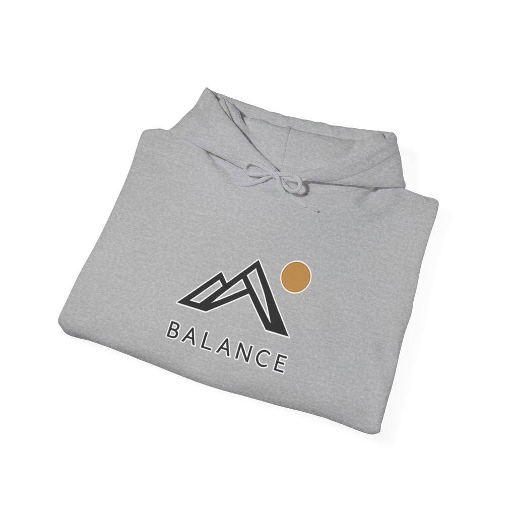 Balance Mountain Hoodie — Minimalist Sunrise Graphic Hooded Sweatshirt