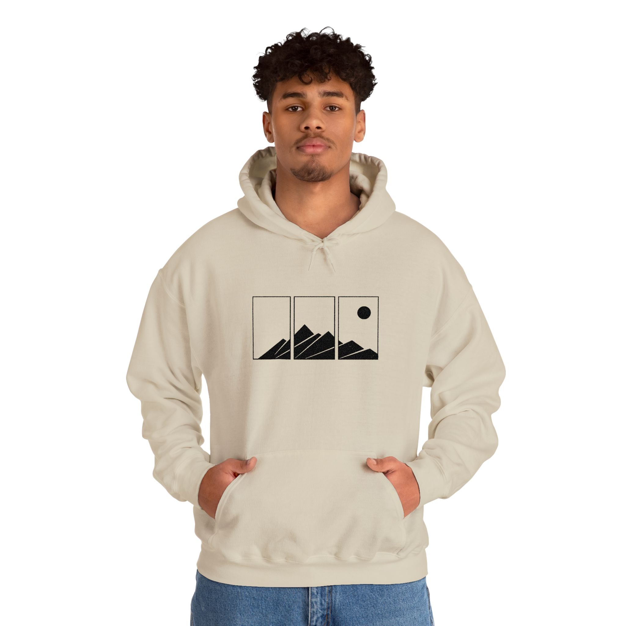 Mountain Triptych Hoodie — Minimalist Scenic Graphic Pullover Embroidered
