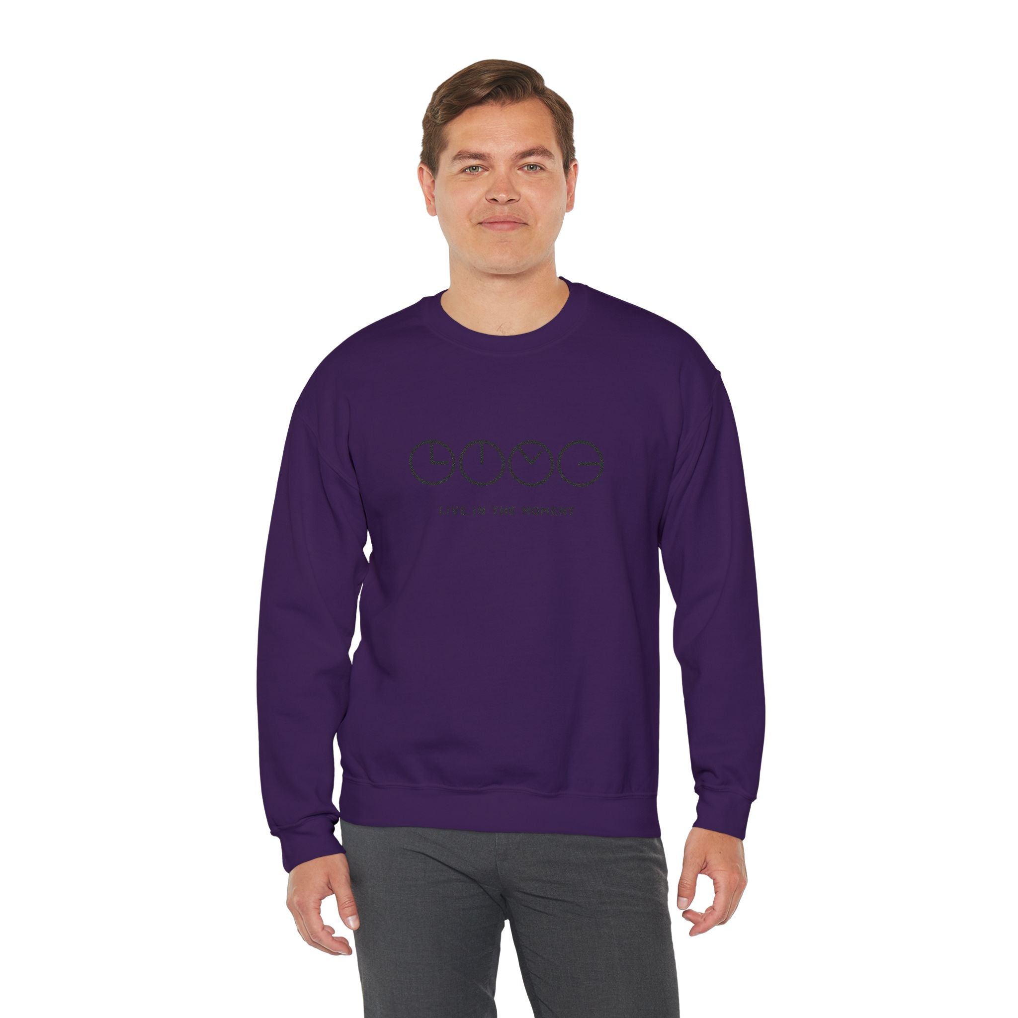 Live In The Moment Crewneck Sweatshirt — Minimal Clock Graphic Embroidered