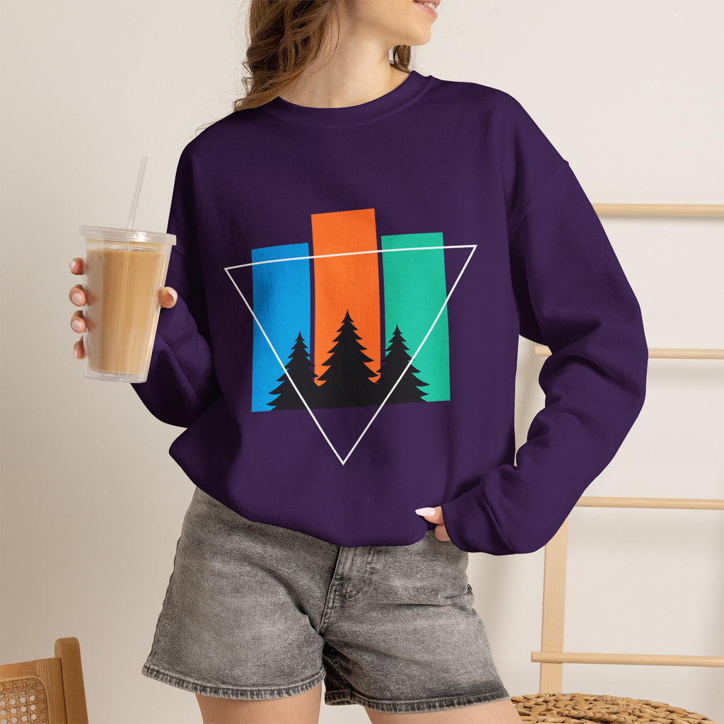 Retro Forest Crewneck Sweatshirt — Colorblock Trees Graphic