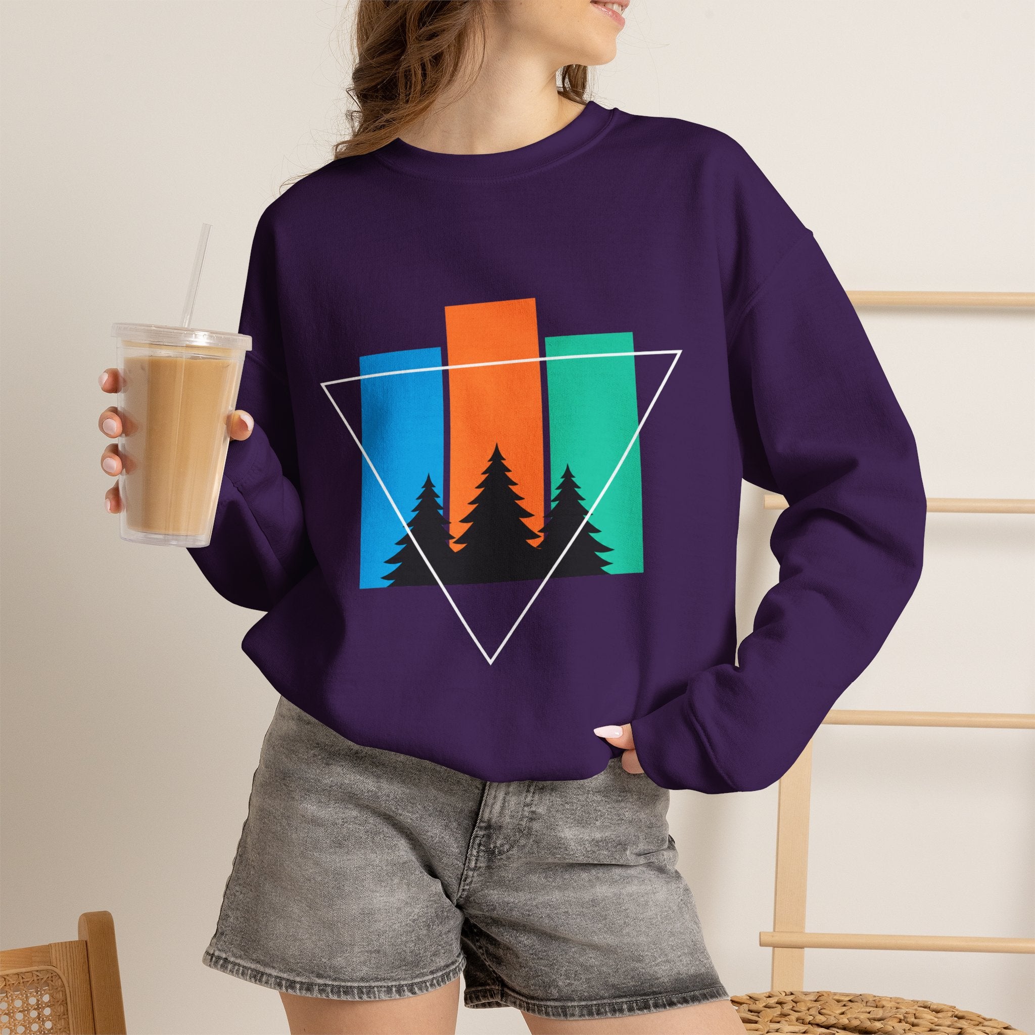 Retro Forest Crewneck Sweatshirt — Colorblock Trees Graphic