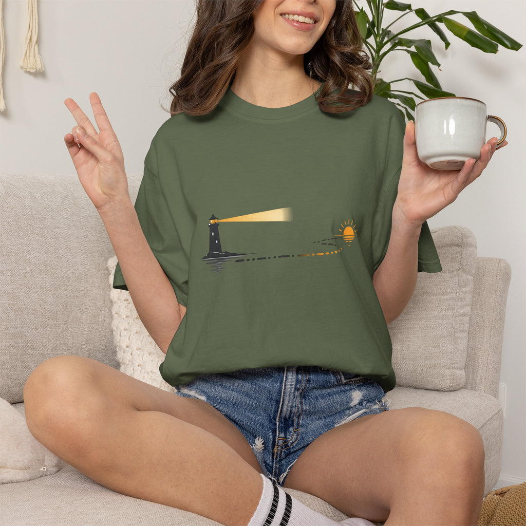 Lighthouse Sunset T-Shirt — Nautical Coastal Tee with Beacon Graphic