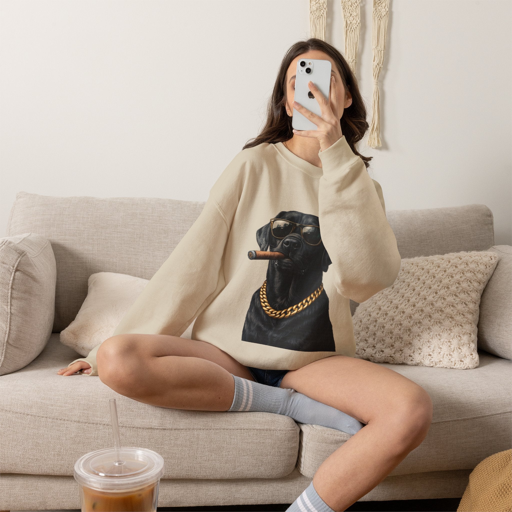 Cool Black Lab Crewneck Sweatshirt — Dog with Cigar & Gold Chain Graphic