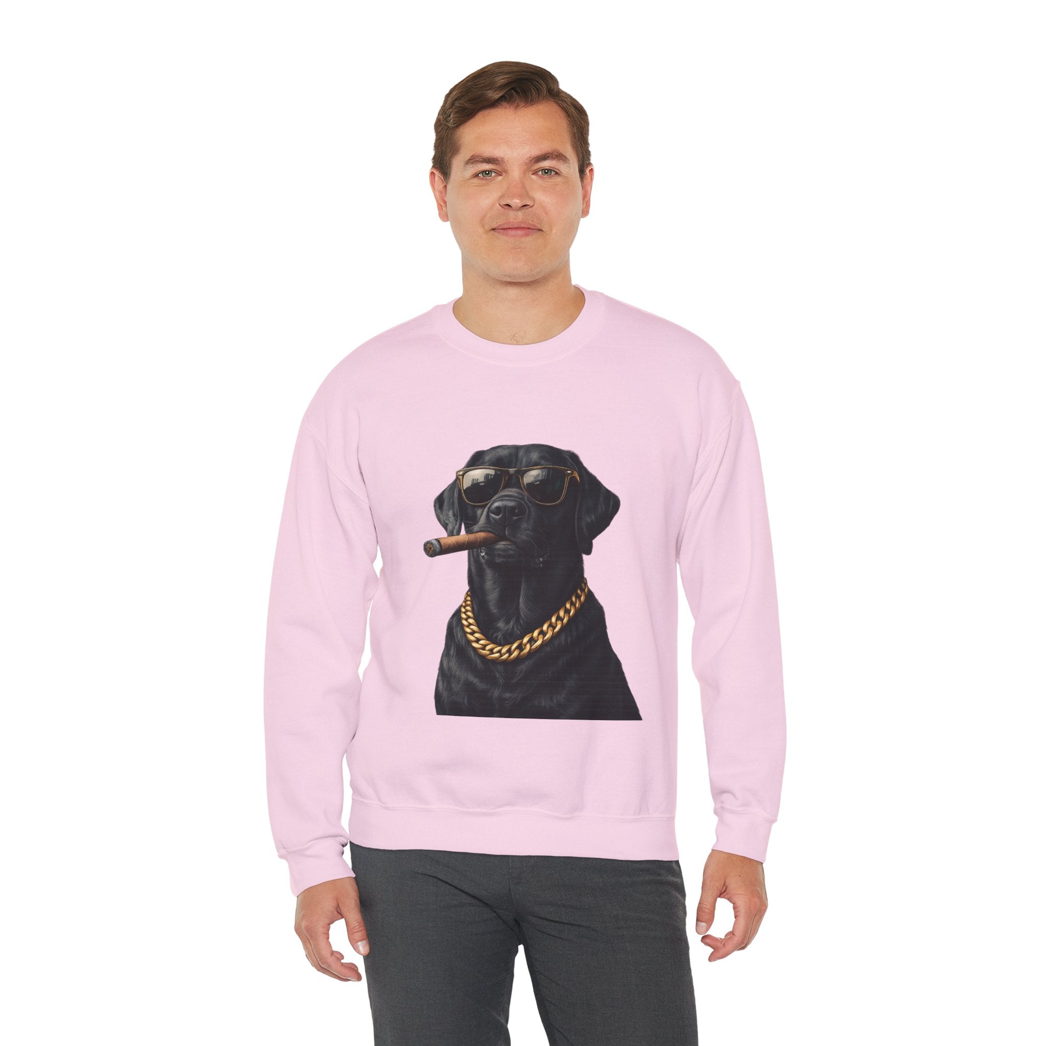 Cool Black Lab Crewneck Sweatshirt — Dog with Cigar & Gold Chain Graphic