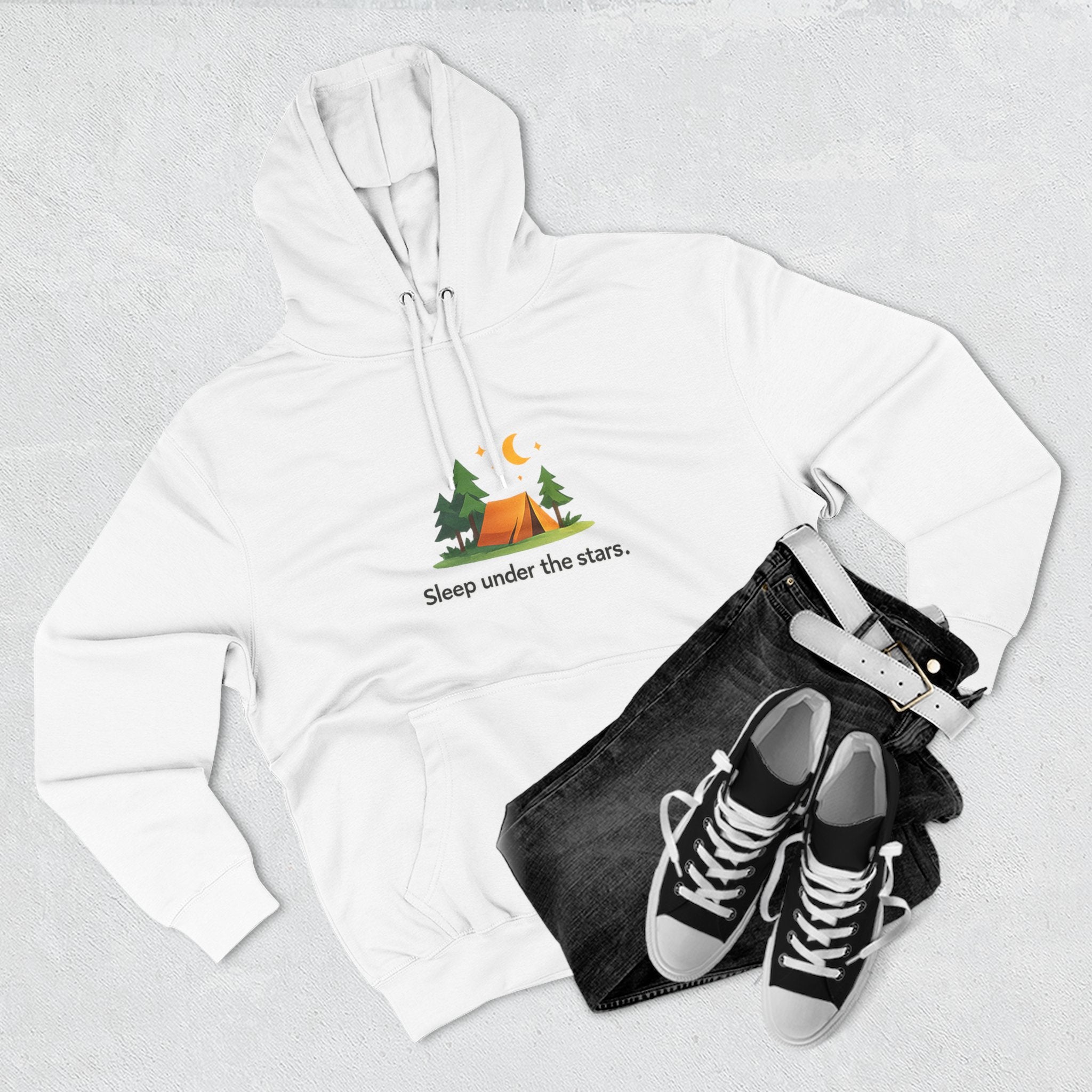 Camping Hoodie — "Sleep Under the Stars" Tent & Moon Graphic