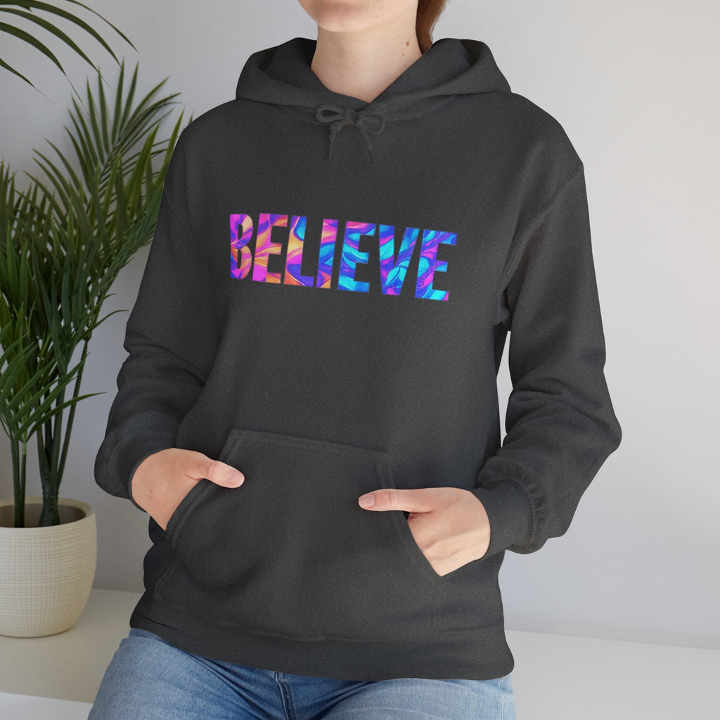 Believe in Yourself Hoodie — Colorful Watercolor Text Inspirational Sweatshirt