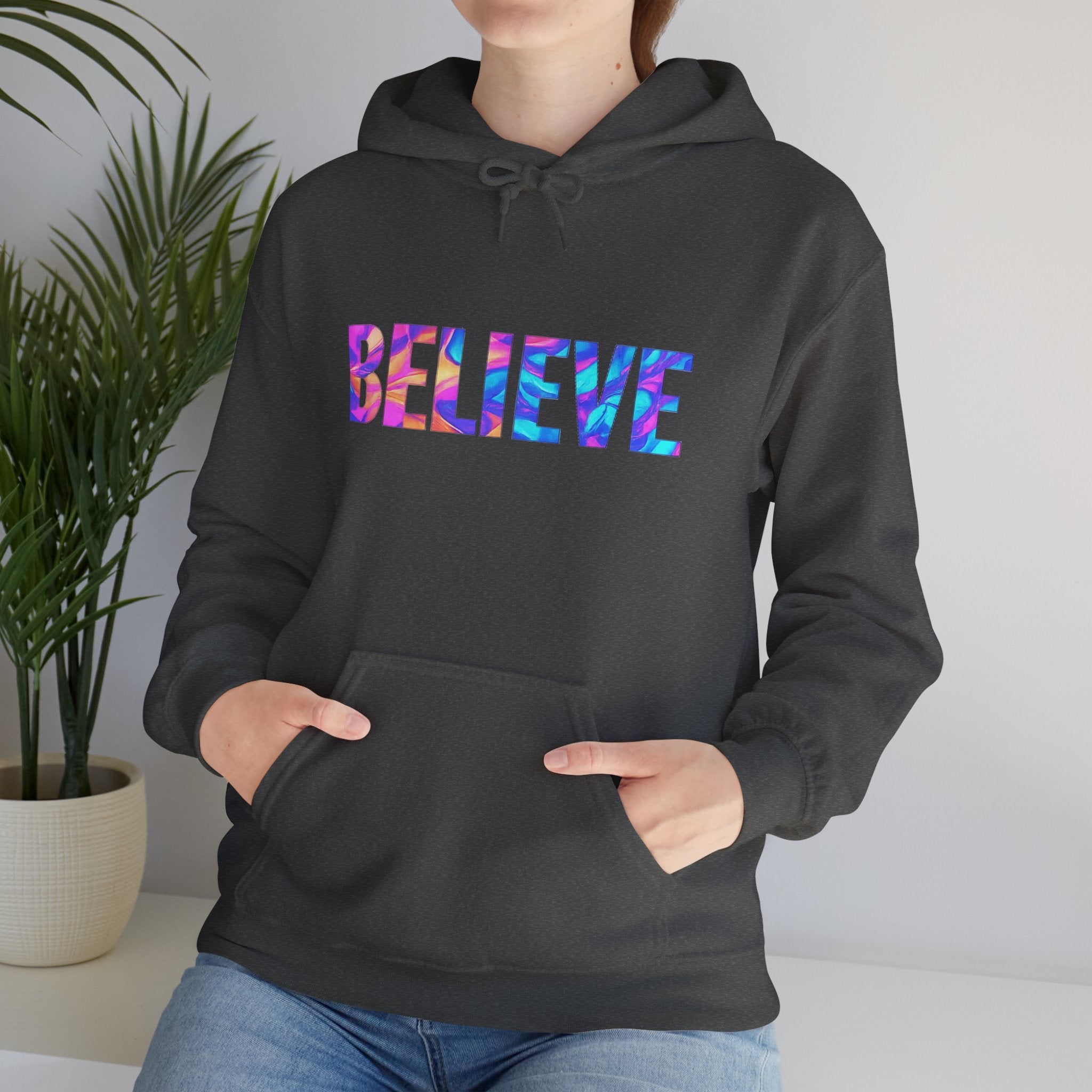 Believe in Yourself Hoodie — Colorful Watercolor Text Inspirational Sweatshirt