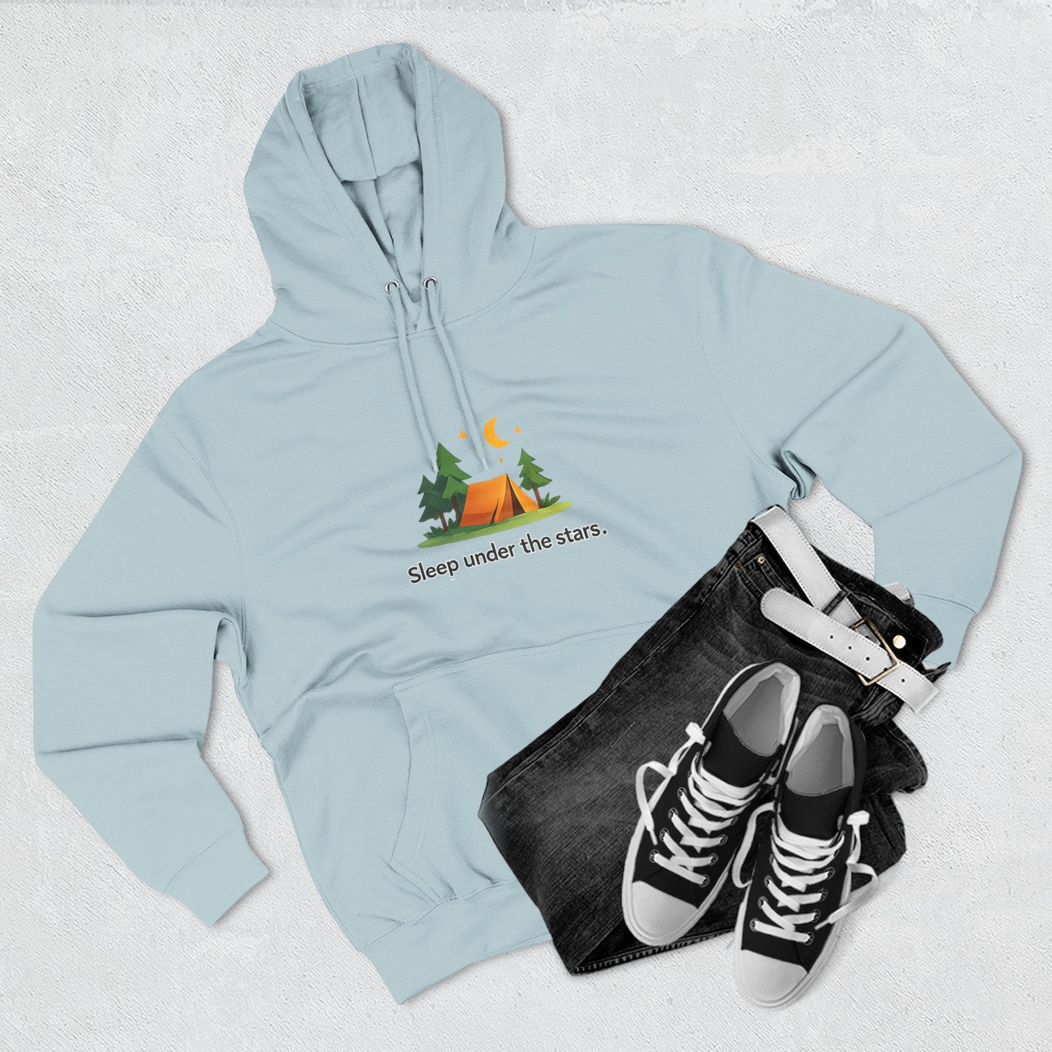 Camping Hoodie — "Sleep Under the Stars" Tent & Moon Graphic