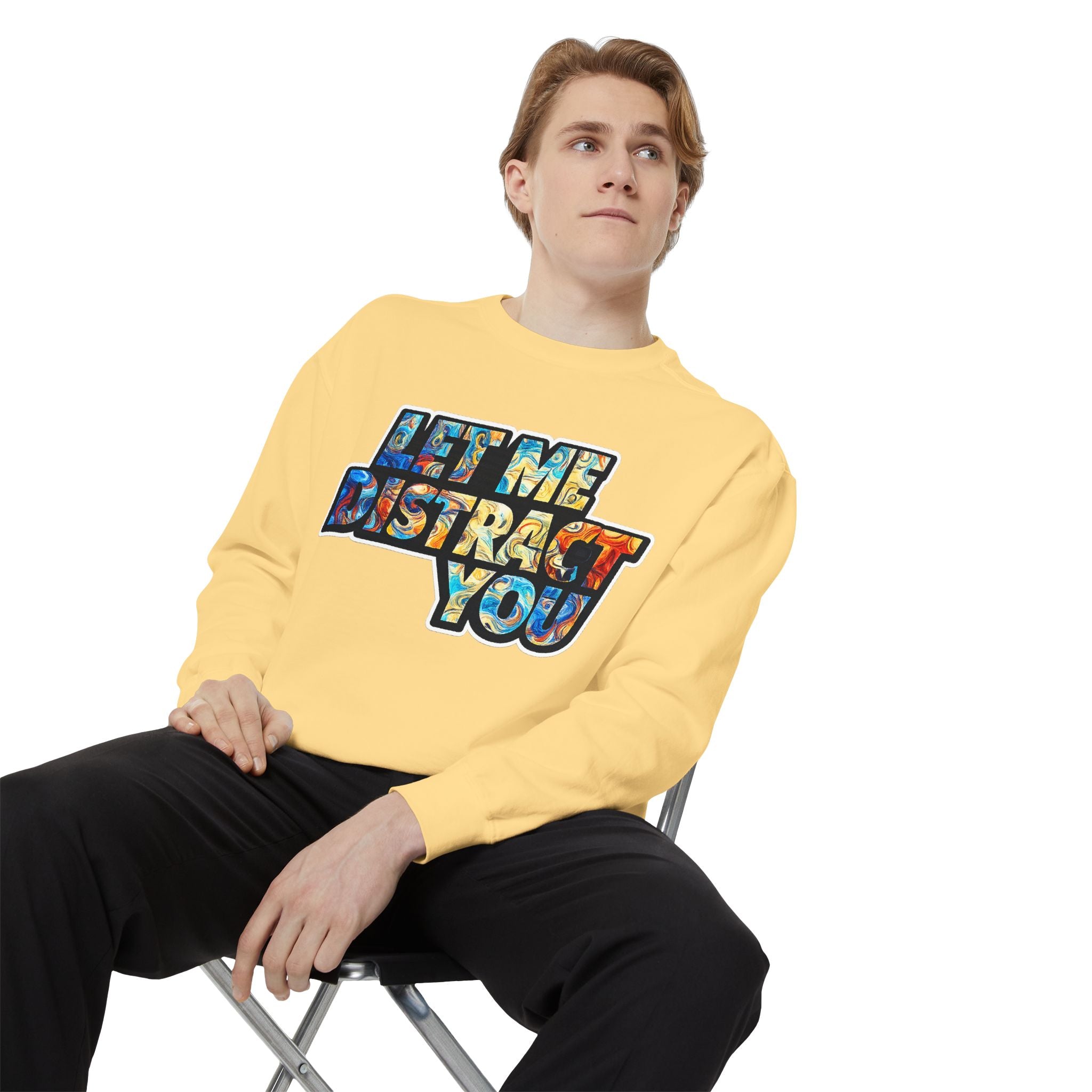 Let Me Distract You Sweatshirt — Colorful Retro Graphic Crewneck