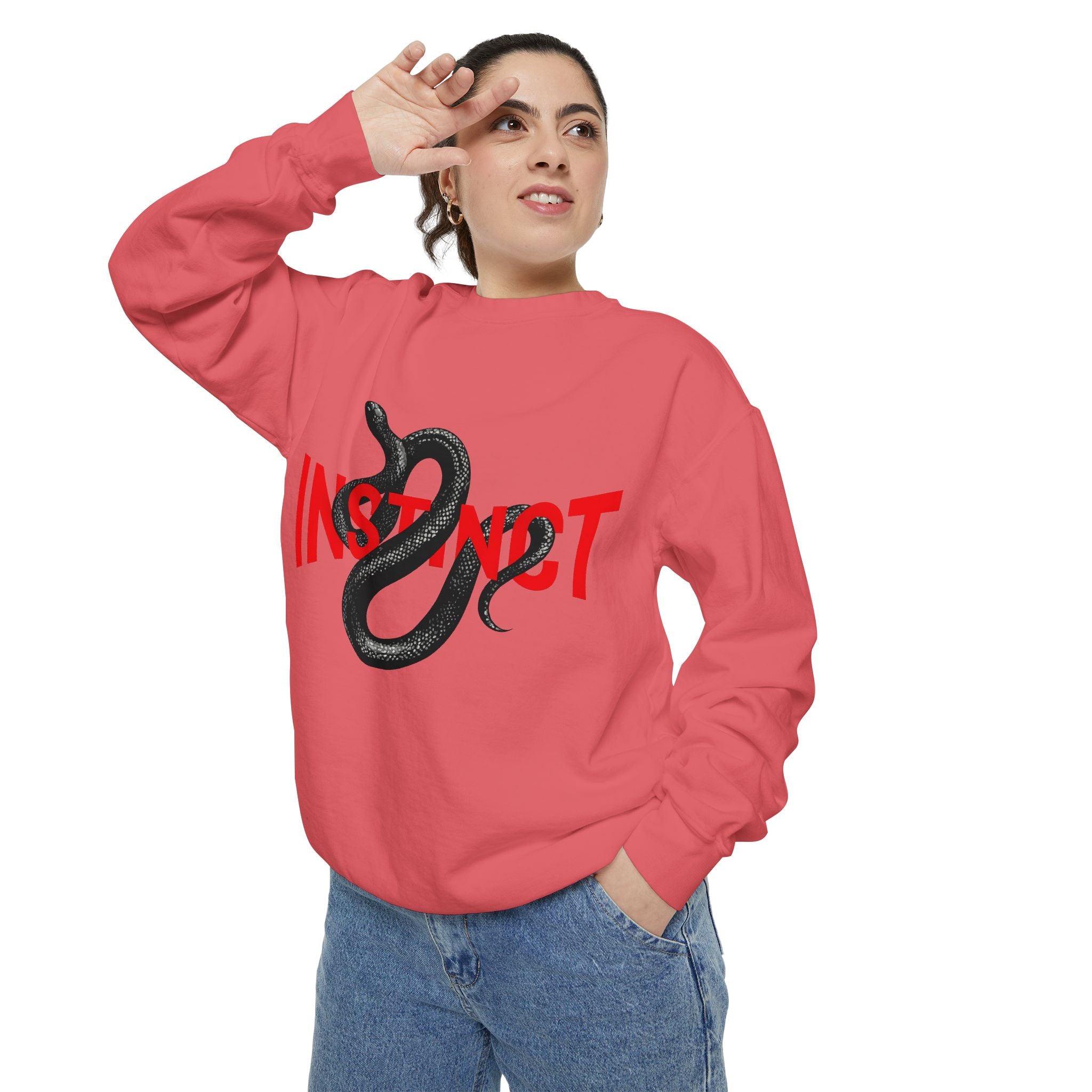 Instinct Snake Sweatshirt — Graphic Crewneck with Bold Red Text