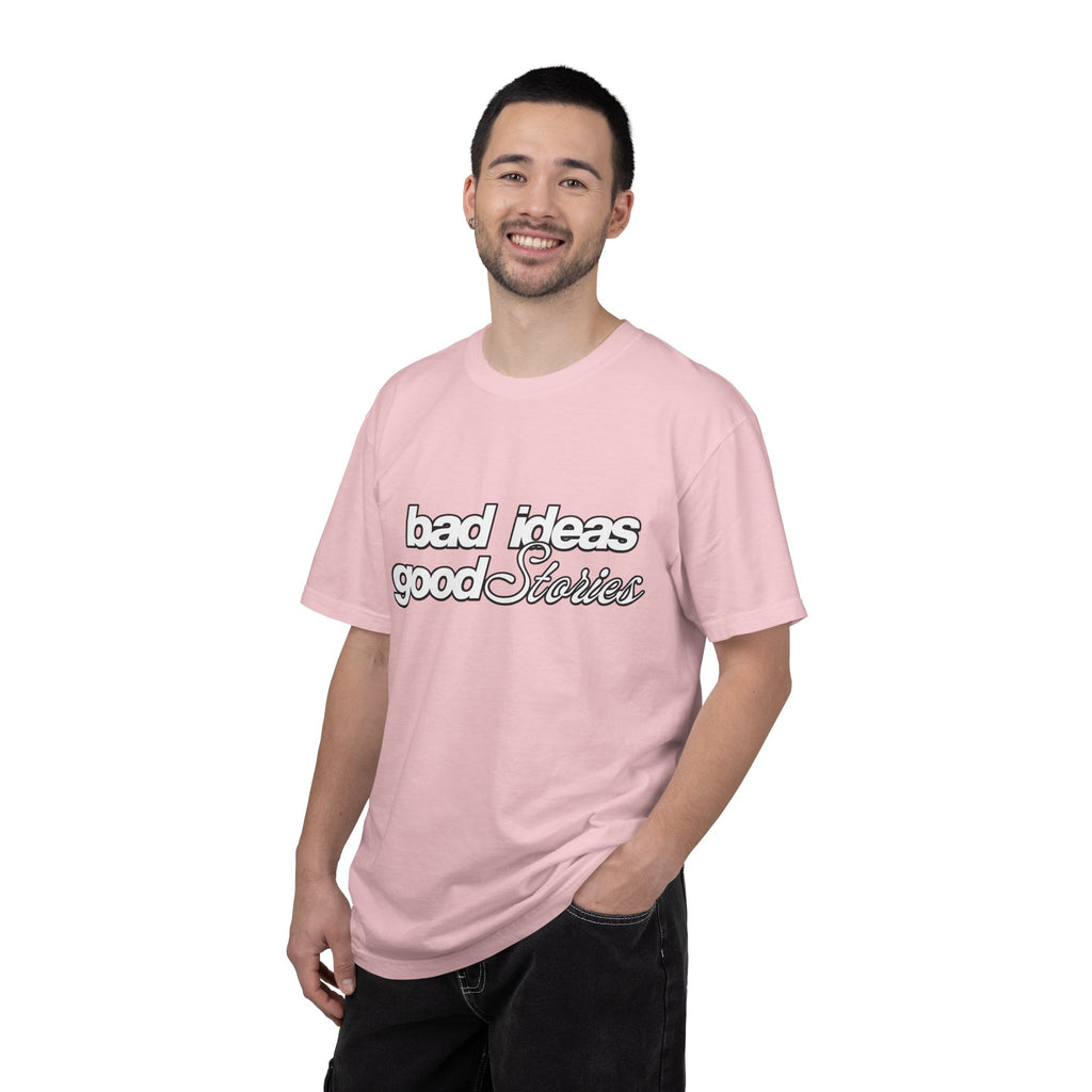 T-Shirt — “bad ideas good stories” Retro Script Tee